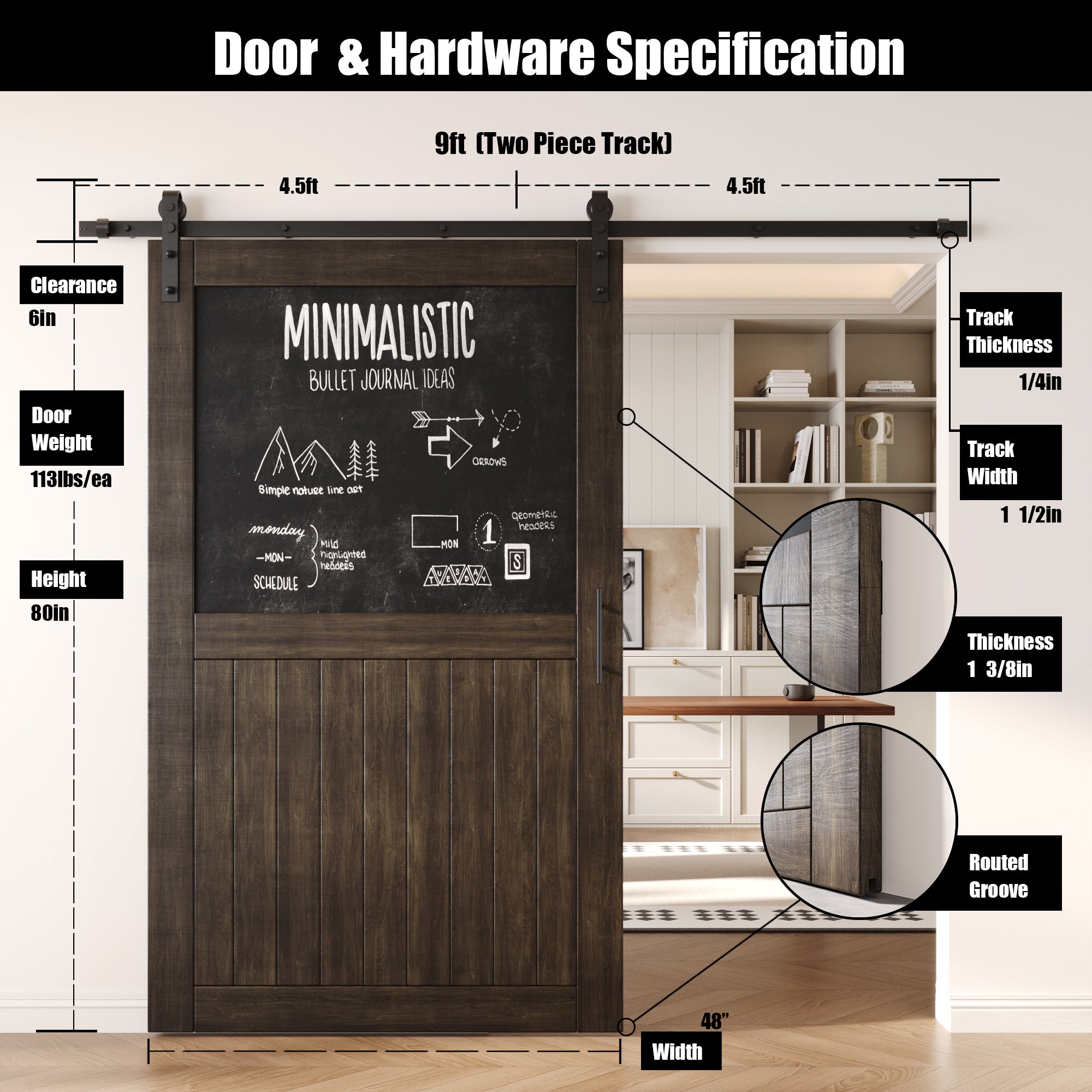 80" Height Ebony Top Chalkboard Panel Unassembled & Finished Pine Wood Barn Door with Non-Bypass Installation Hardware Kit (Interior Use Only)