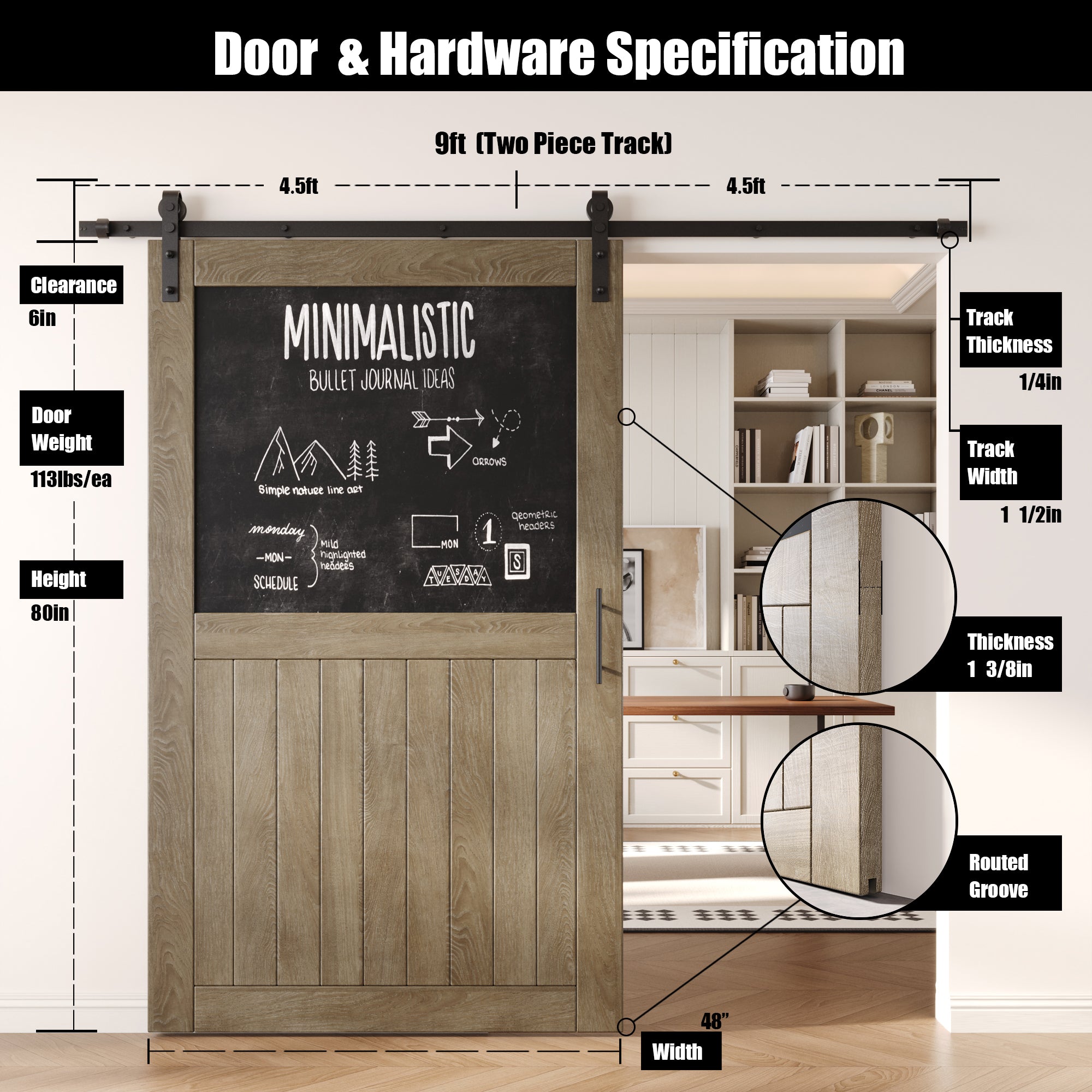 80" Height Classic Gray Top Chalkboard Panel Unassembled & Finished Pine Wood Barn Door with Non-Bypass Installation Hardware Kit (Interior Use Only)