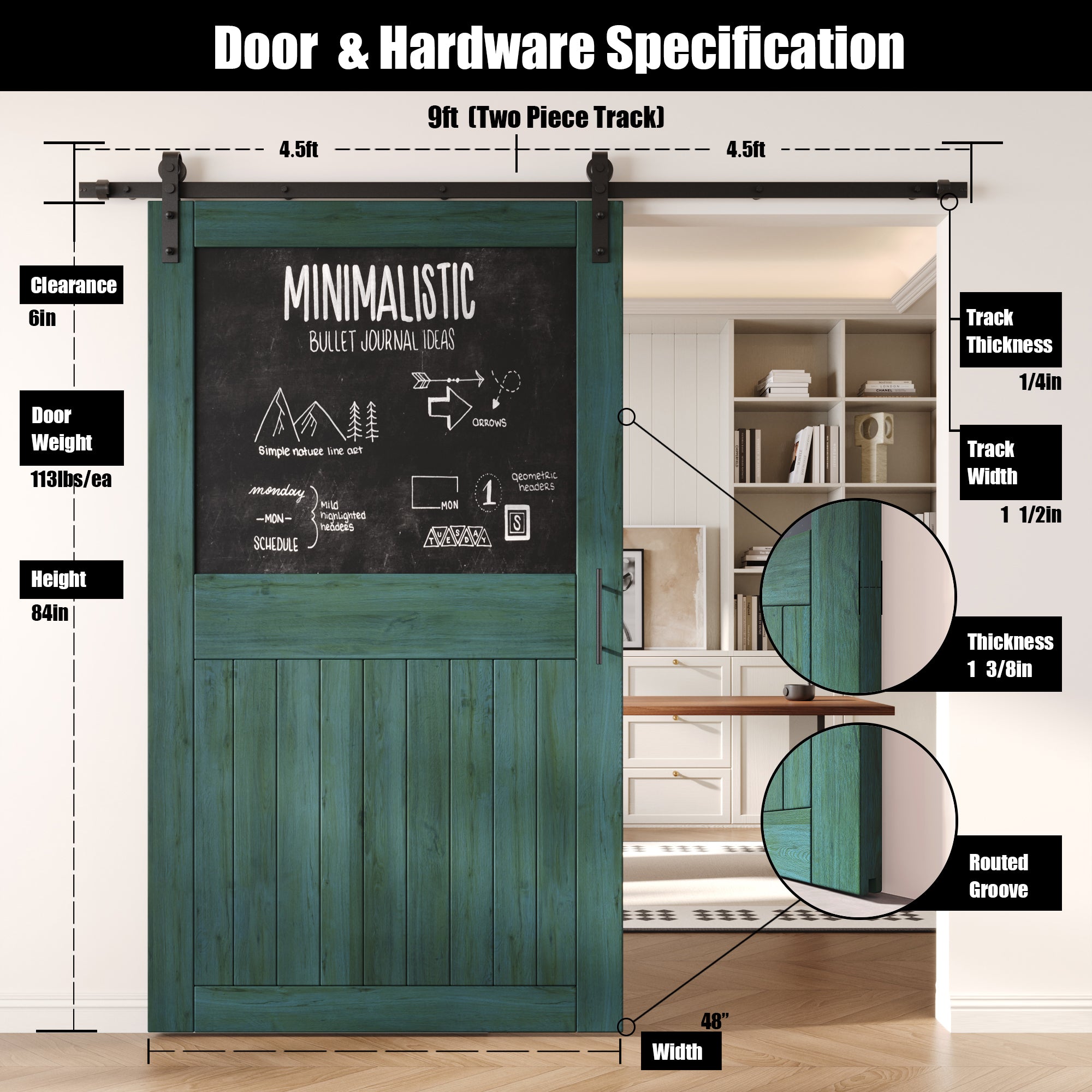 84" Height Royal Pine Top Chalkboard Panel Unassembled & Finished Pine Wood Barn Door with Non-Bypass Installation Hardware Kit (Interior Use Only)
