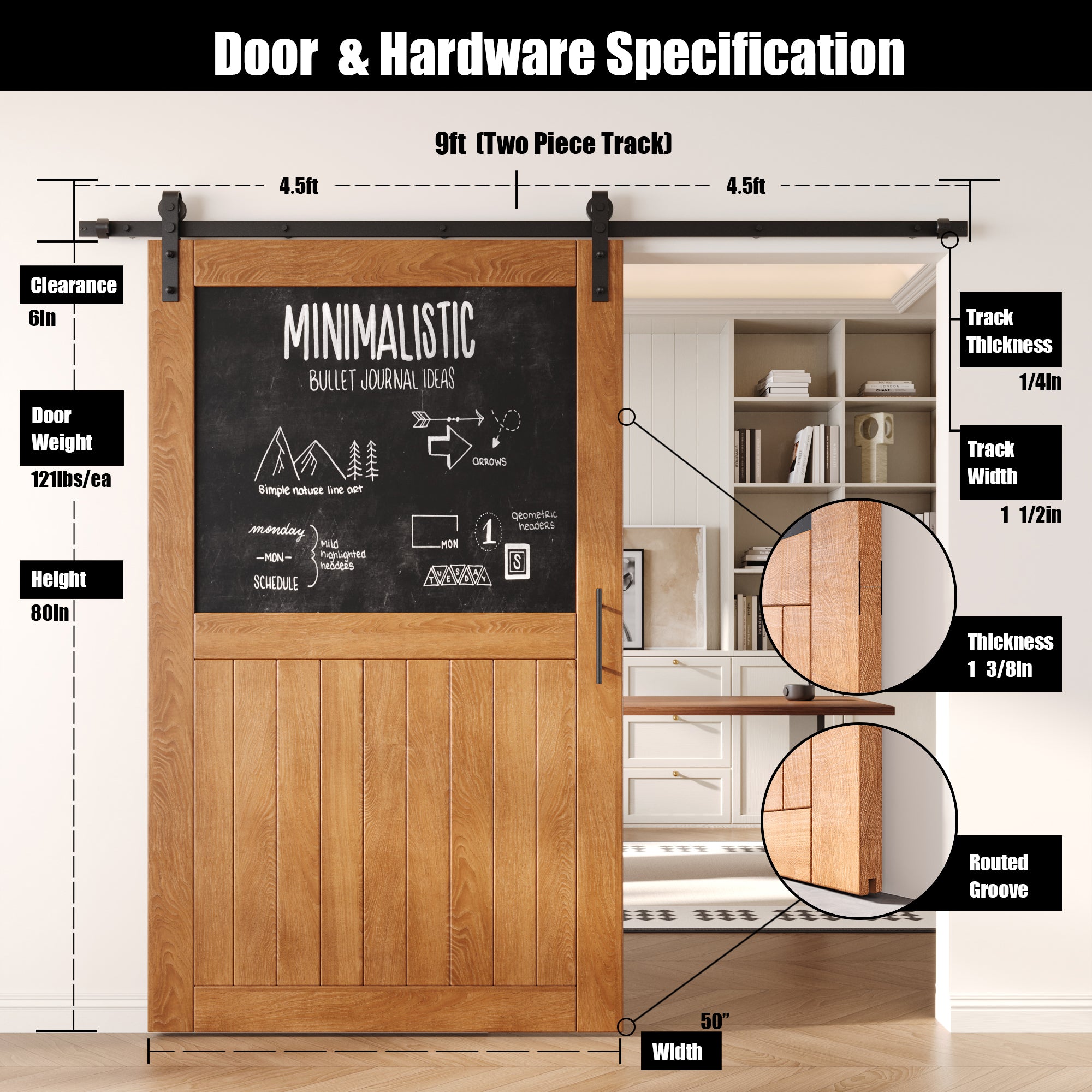 80" Height Early American Top Chalkboard Panel Unassembled & Finished Pine Wood Barn Door with Non-Bypass Installation Hardware Kit (Interior Use Only)