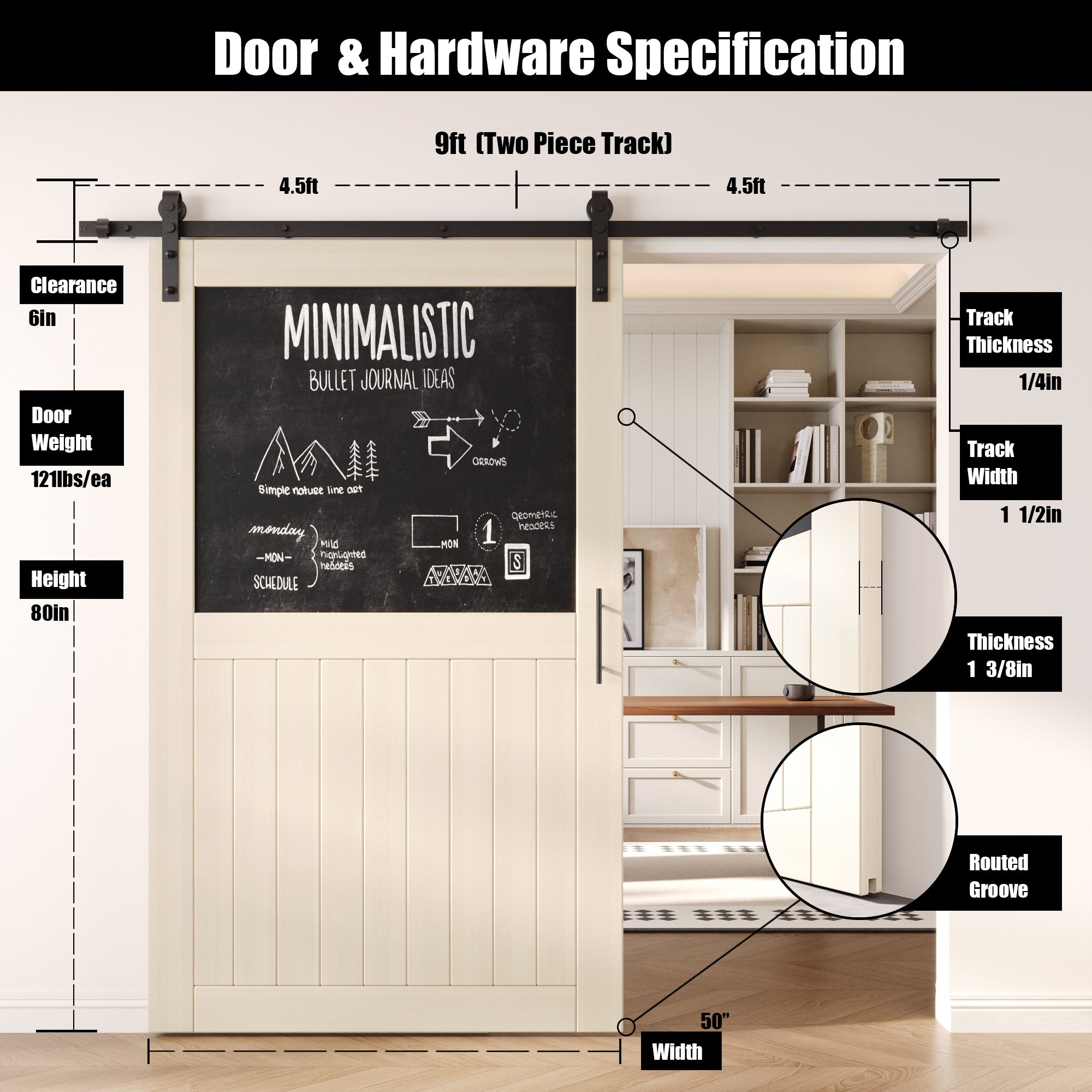 80" Height Tinsmith Gray Top Chalkboard Panel Unassembled & Finished Pine Wood Barn Door with Non-Bypass Installation Hardware Kit (Interior Use Only)