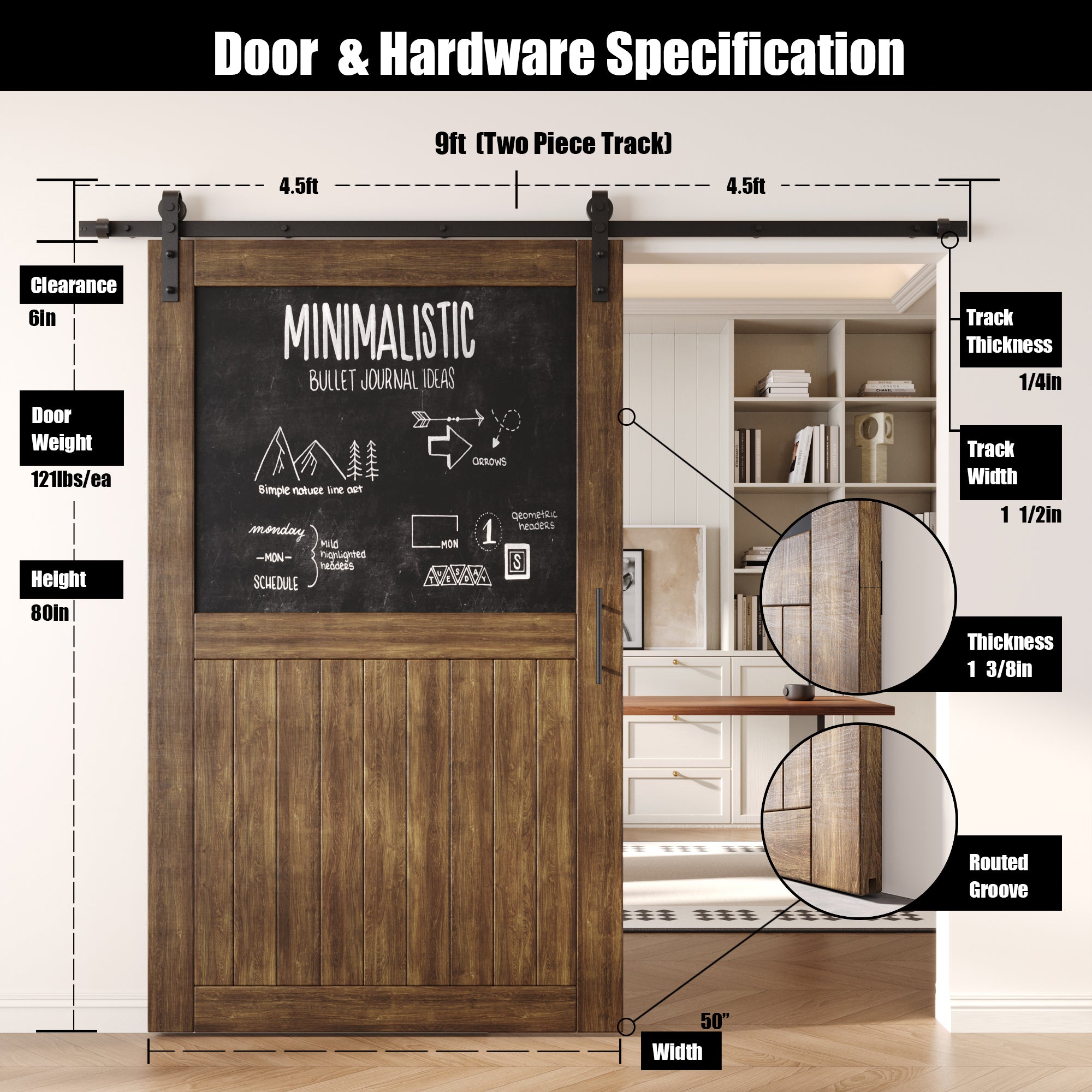 80" Height Dark Walnut Top Chalkboard Panel Unassembled & Finished Pine Wood Barn Door with Non-Bypass Installation Hardware Kit (Interior Use Only)