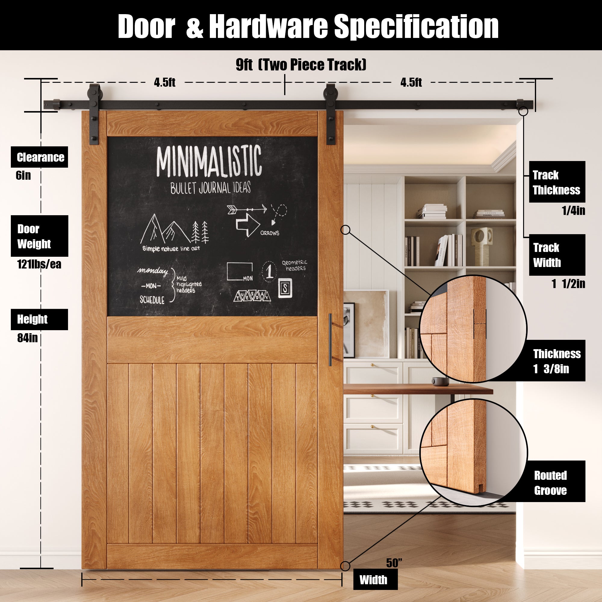 84" Height Early American Top Chalkboard Panel Unassembled & Finished Pine Wood Barn Door with Non-Bypass Installation Hardware Kit (Interior Use Only)