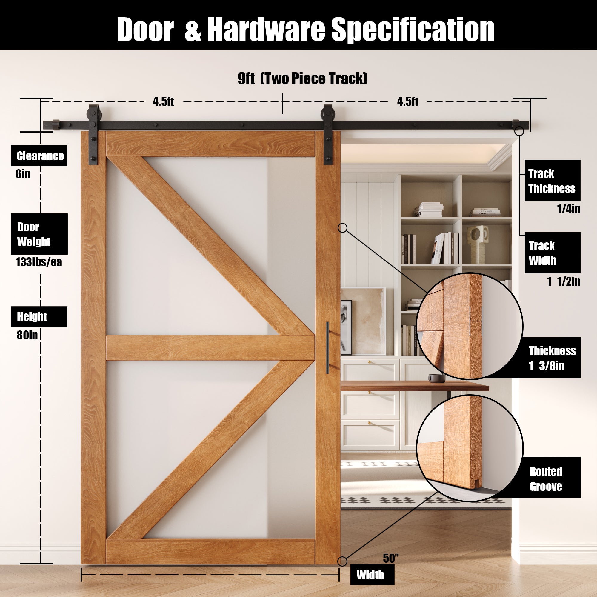 80" Height Early American Arrow Pattern Glass Unassembled & Finished Pine Wood Barn Door with Non-Bypass Installation Hardware Kit (Interior Use Only)