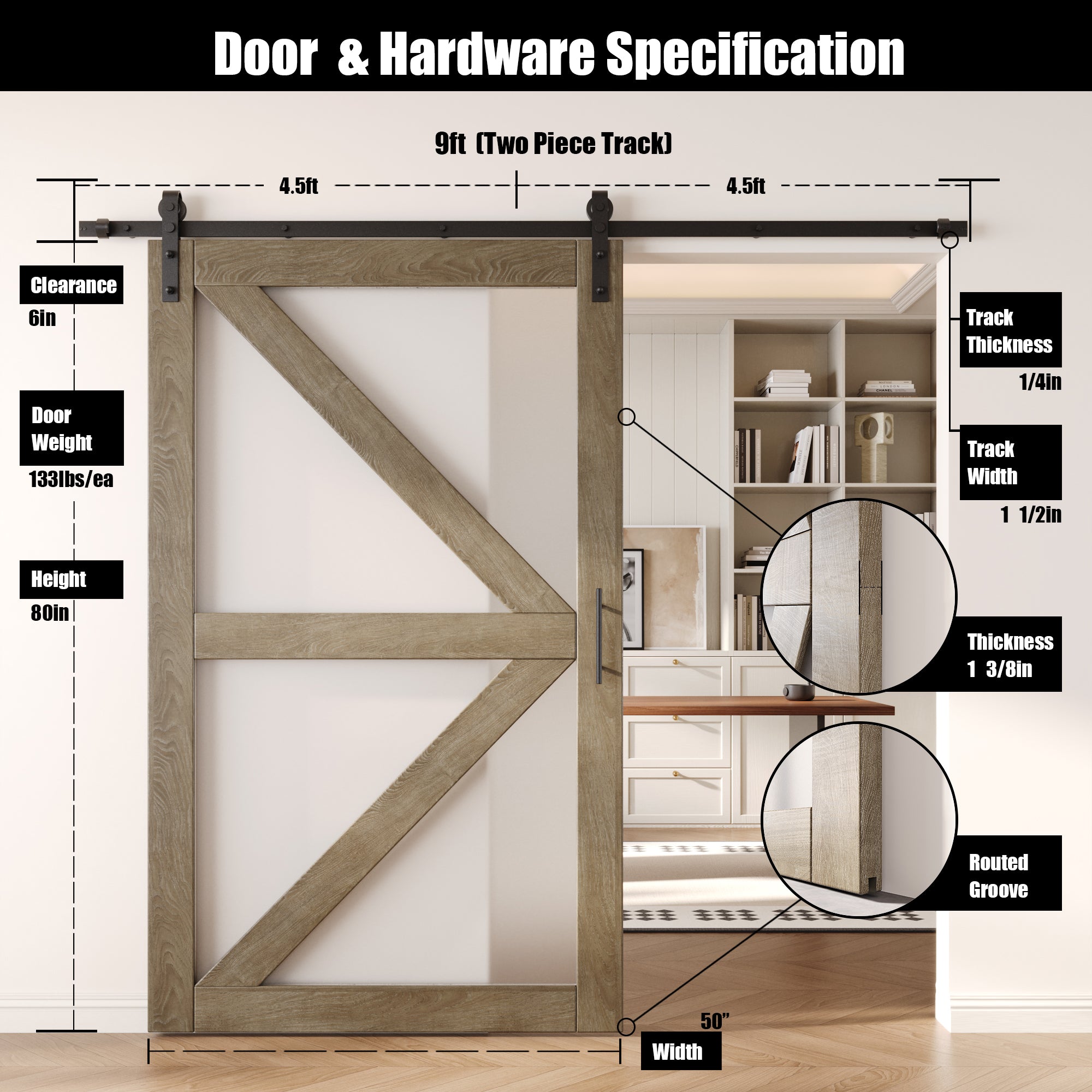 80" Height Classic Gray Arrow Pattern Glass Unassembled & Finished Pine Wood Barn Door with Non-Bypass Installation Hardware Kit (Interior Use Only)
