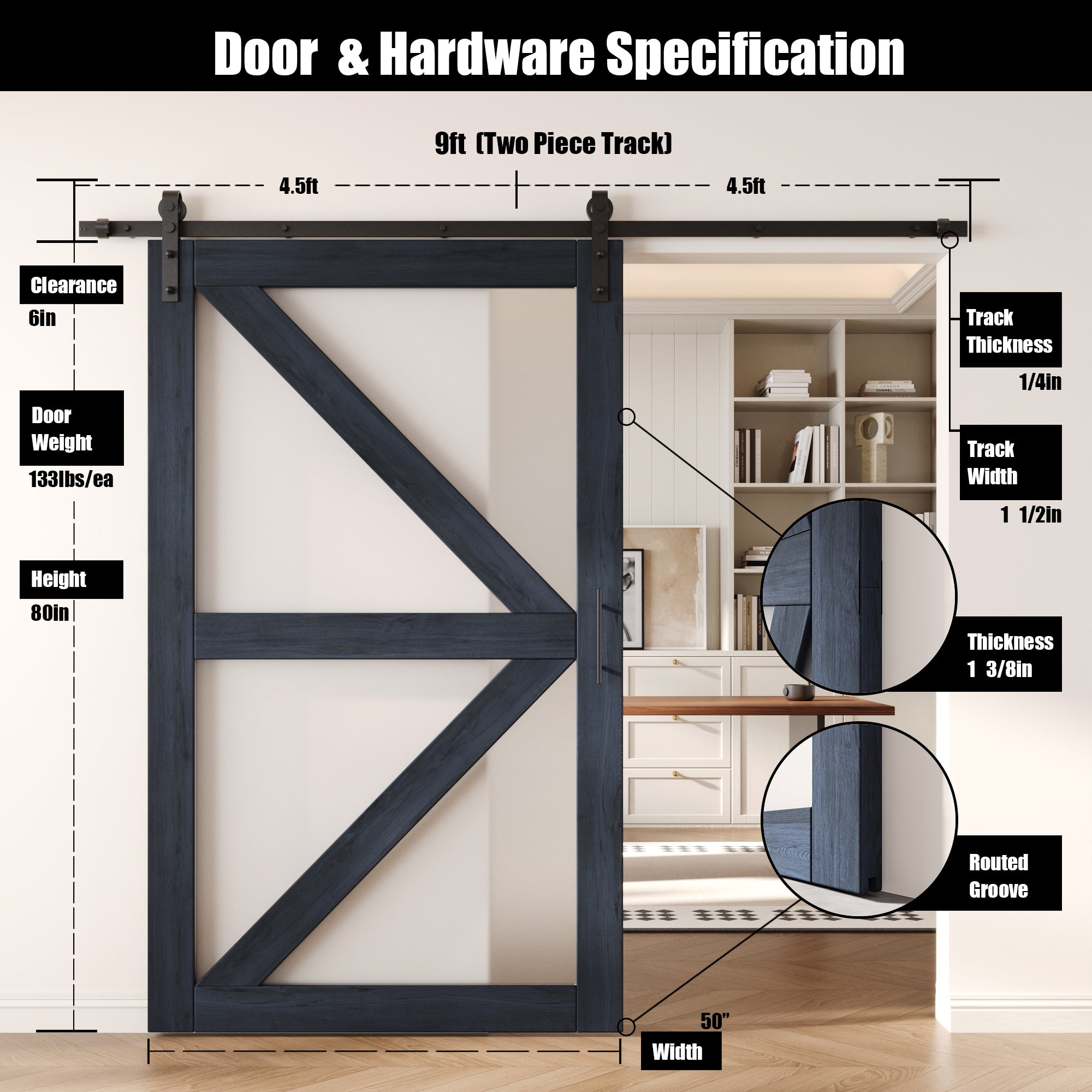 80" Height Navy Arrow Pattern Glass Unassembled & Finished Pine Wood Barn Door with Non-Bypass Installation Hardware Kit (Interior Use Only)