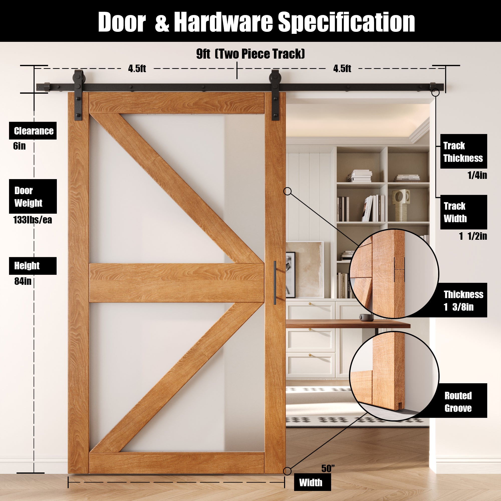 84" Height Early American Frosted Glass Arrow Design Unassembled & Finished Pine Wood Barn Door with Non-Bypass Installation Hardware Kit (Interior Use Only)