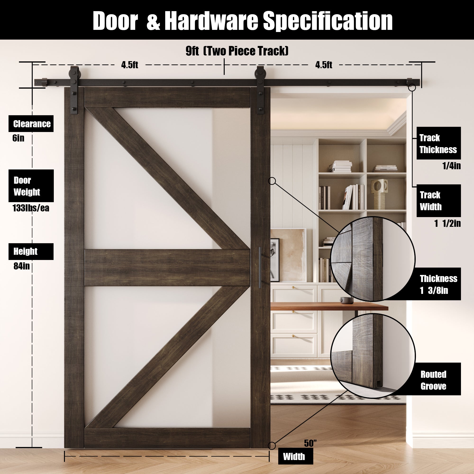 84" Height Ebony Arrow Pattern Glass Unassembled & Finished Pine Wood Barn Door with Non-Bypass Installation Hardware Kit (Interior Use Only)