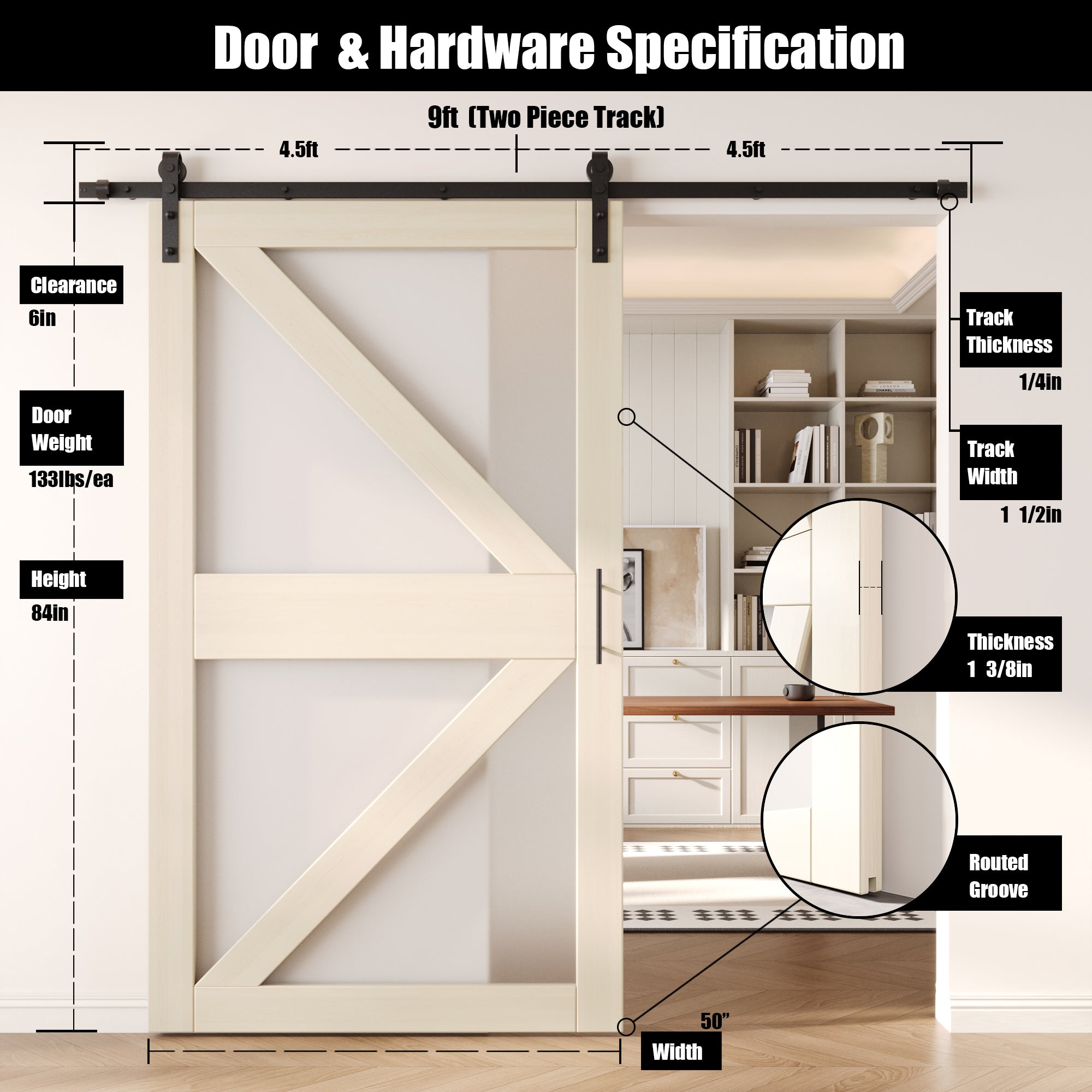 84" Height Tinsmith Gray Frosted Glass Arrow Design Unassembled & Finished Pine Wood Barn Door with Non-Bypass Installation Hardware Kit (Interior Use Only)