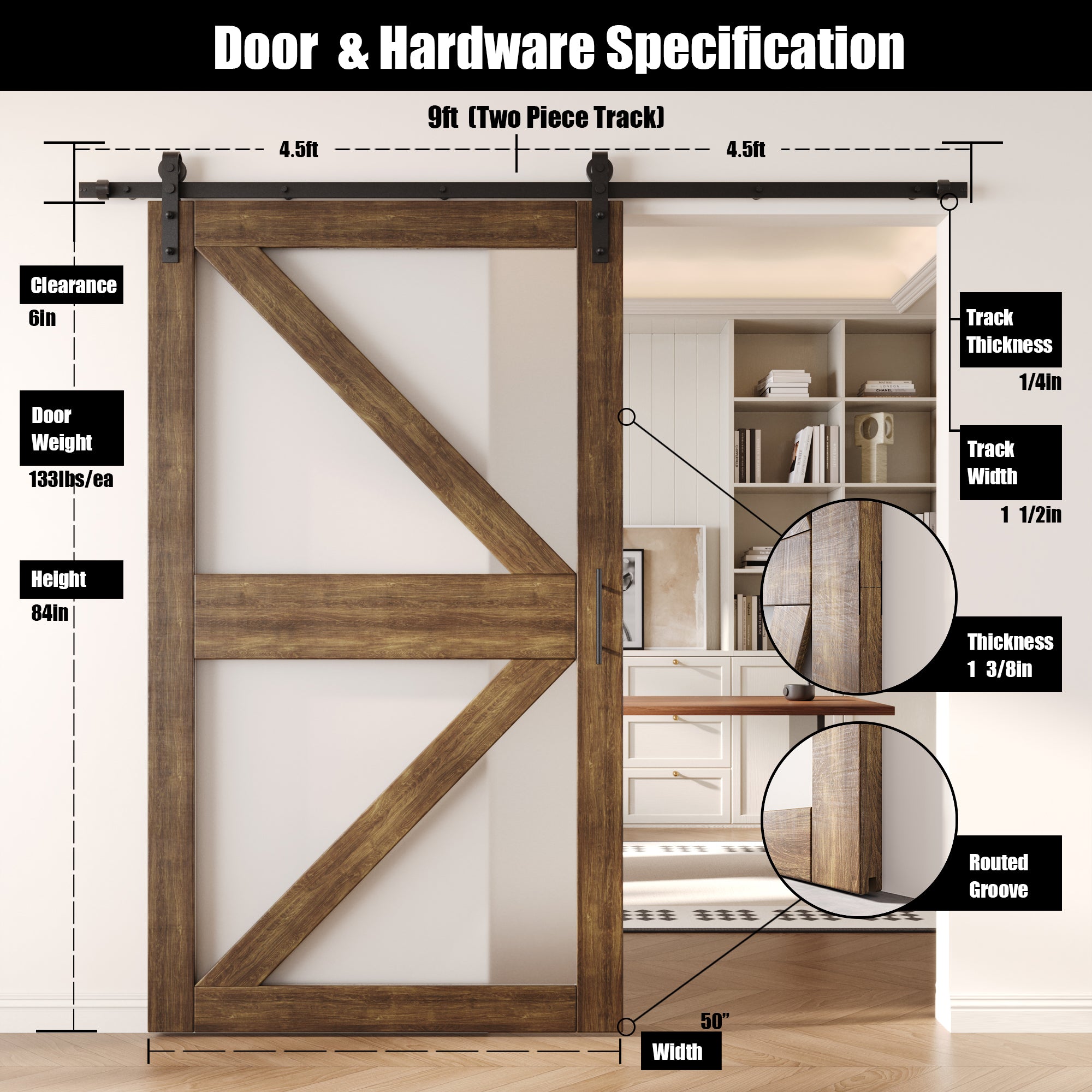84" Height Dark Walnut Arrow Pattern Glass Unassembled & Finished Pine Wood Barn Door with Non-Bypass Installation Hardware Kit (Interior Use Only)
