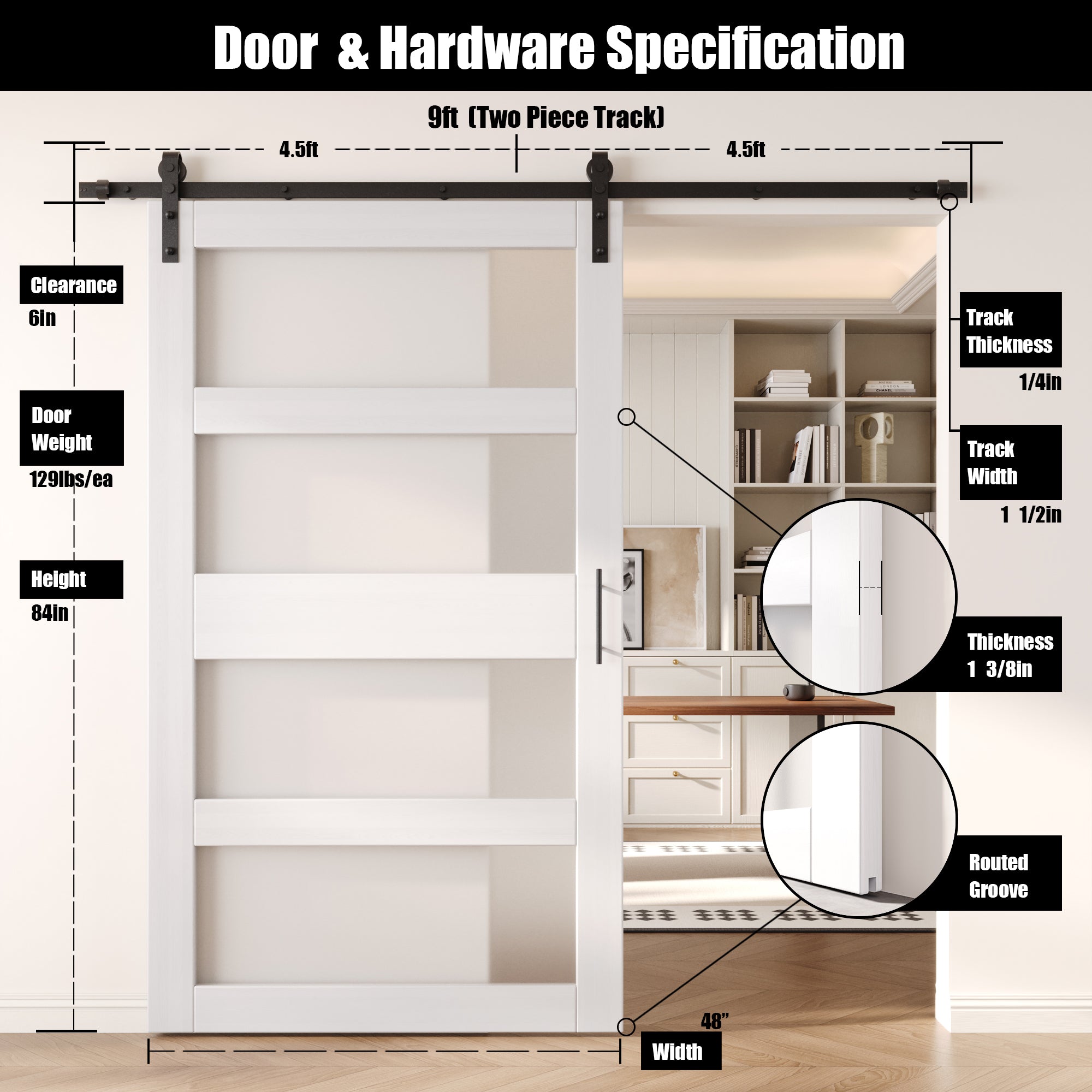 84" Height White 4-Lite Frosted Glass Unassembled & Finished Pine Wood Barn Door with Non-Bypass Installation Hardware Kit (Interior Use Only)