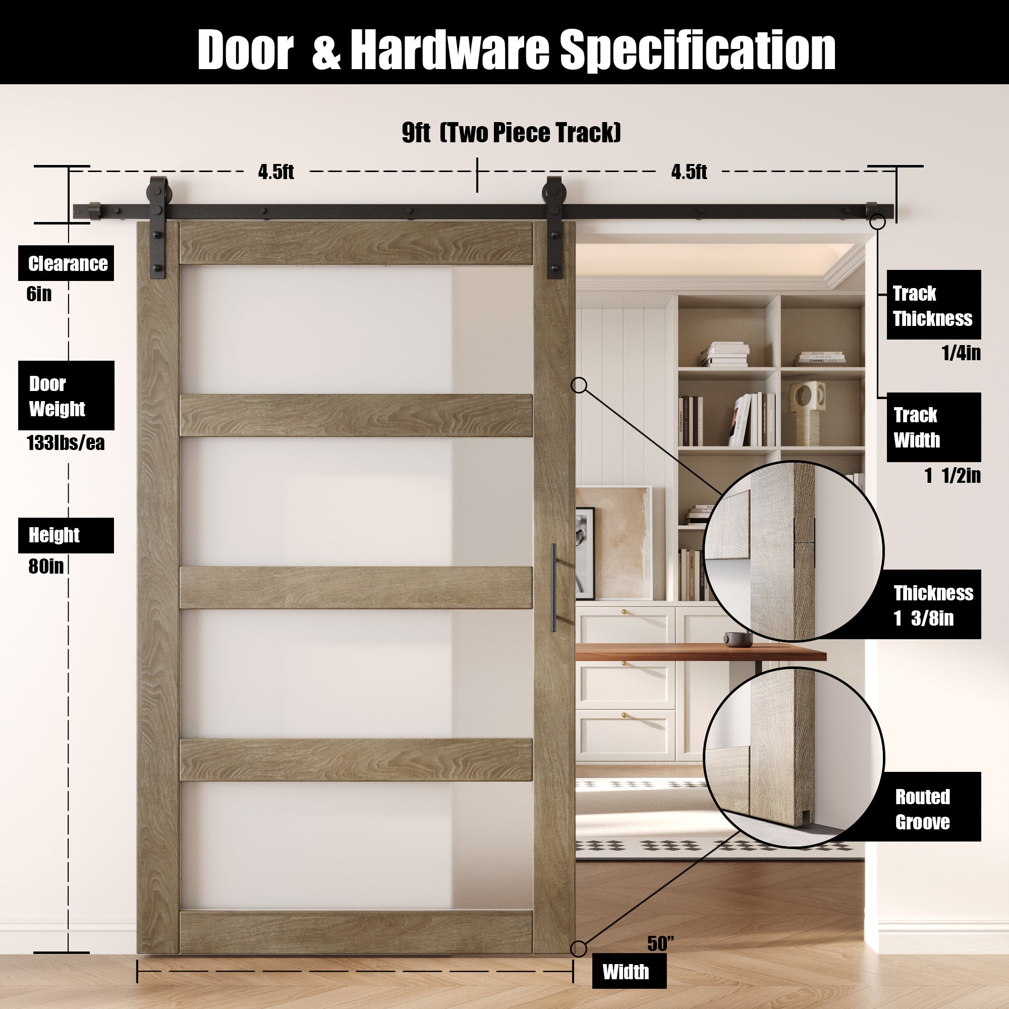 80" Height Classic Gray 4-Lite Frosted Glass Unassembled & Finished Pine Wood Barn Door with Non-Bypass Installation Hardware Kit (Interior Use Only)