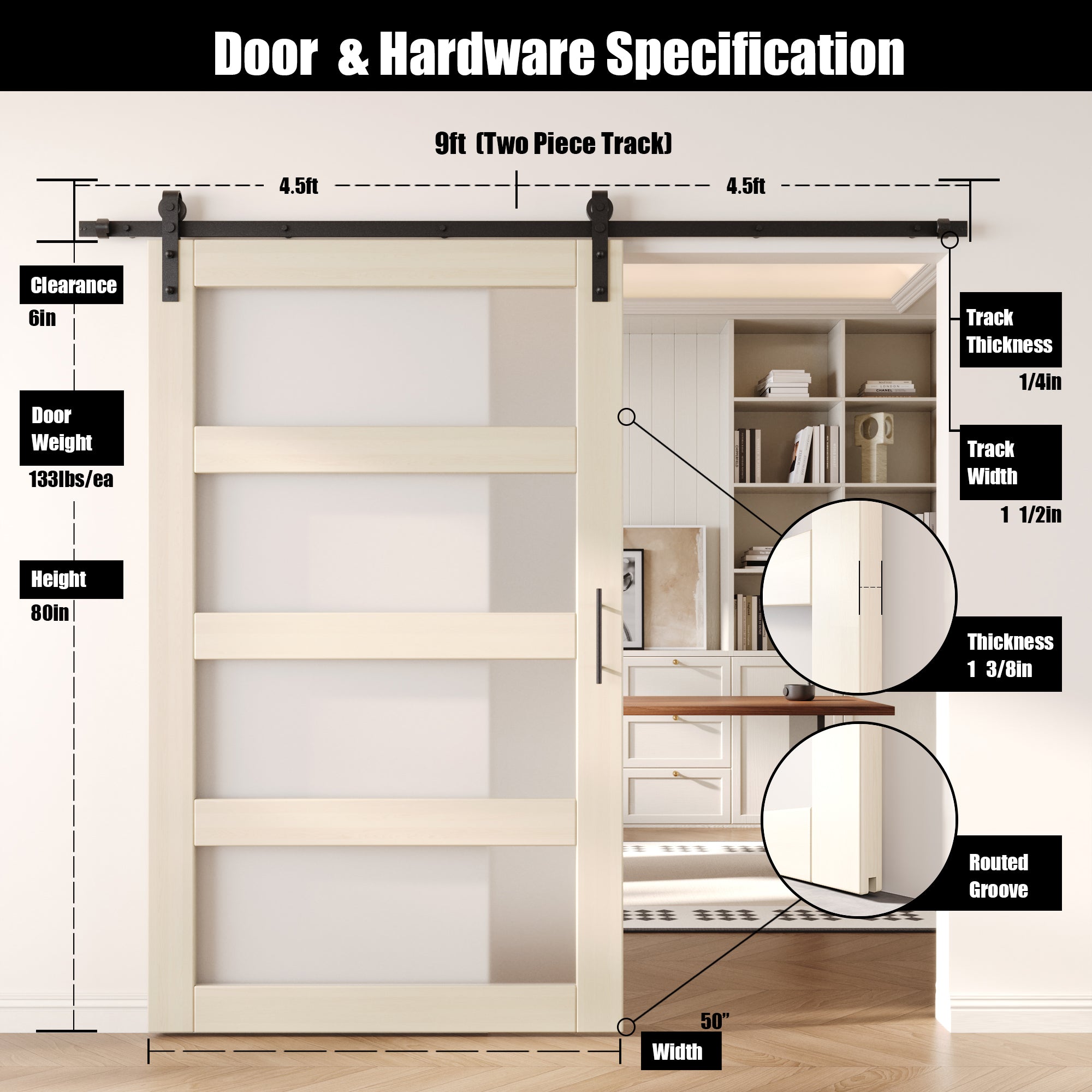 80" Height Tinsmith Gray 4-Lite Frosted Glass Unassembled & Finished Pine Wood Barn Door with Non-Bypass Installation Hardware Kit (Interior Use Only)