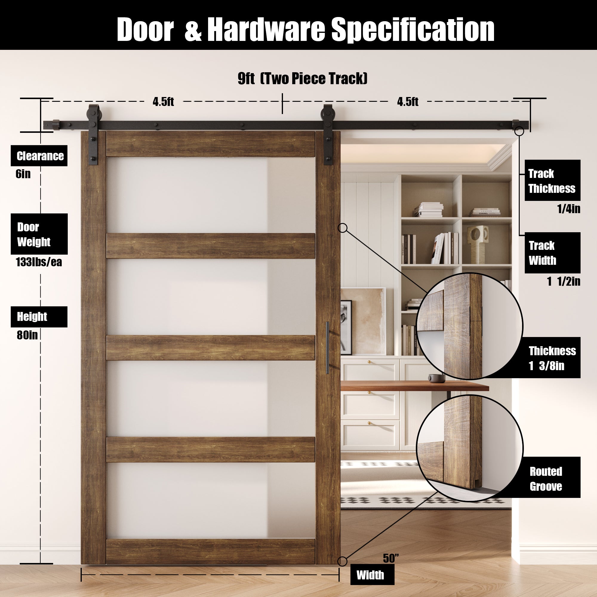 80" Height Dark Walnut 4-Lite Frosted Glass Unassembled & Finished Pine Wood Barn Door with Non-Bypass Installation Hardware Kit (Interior Use Only)