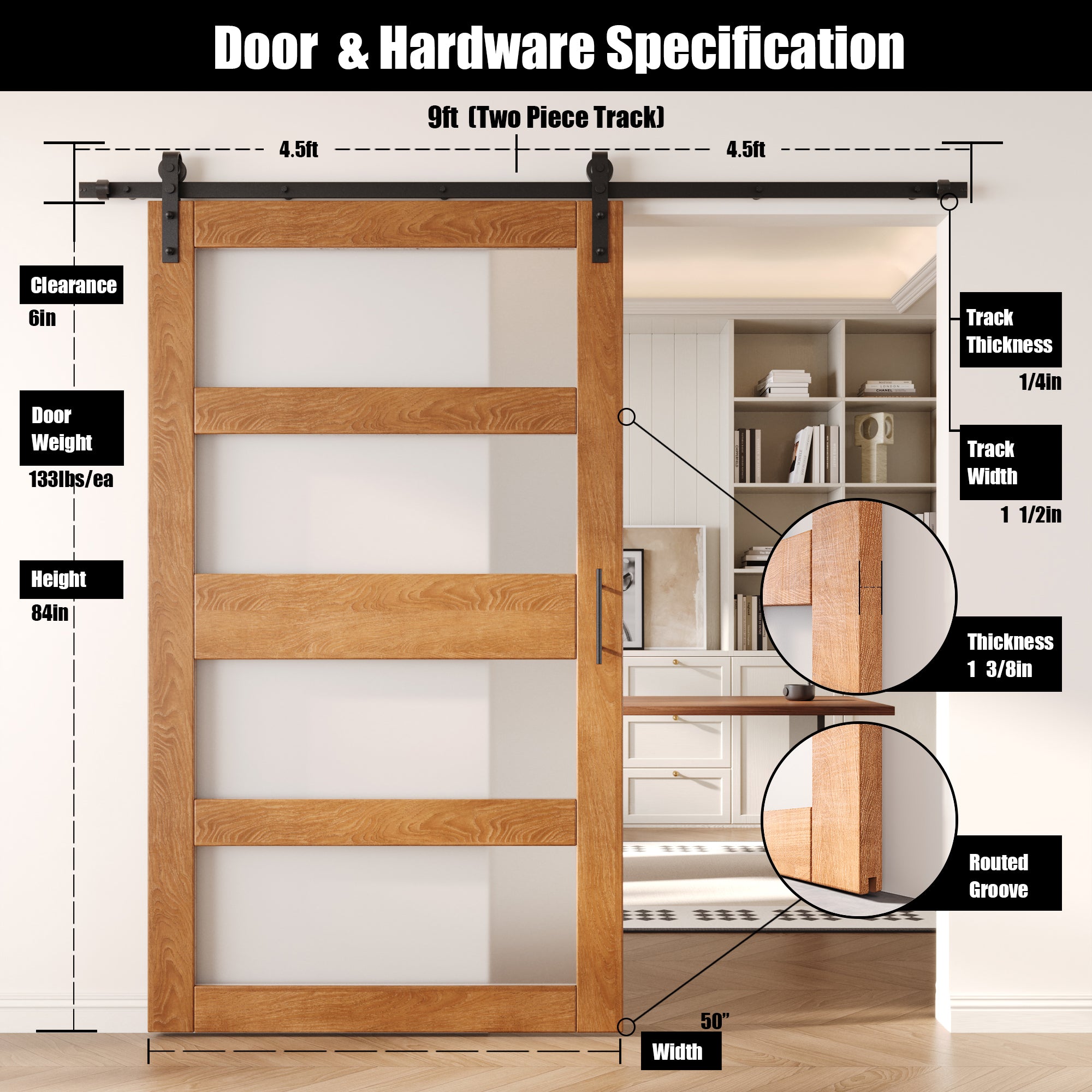 84" Height Early American 4-Lite Frosted Glass Unassembled & Finished Pine Wood Barn Door with Non-Bypass Installation Hardware Kit (Interior Use Only)