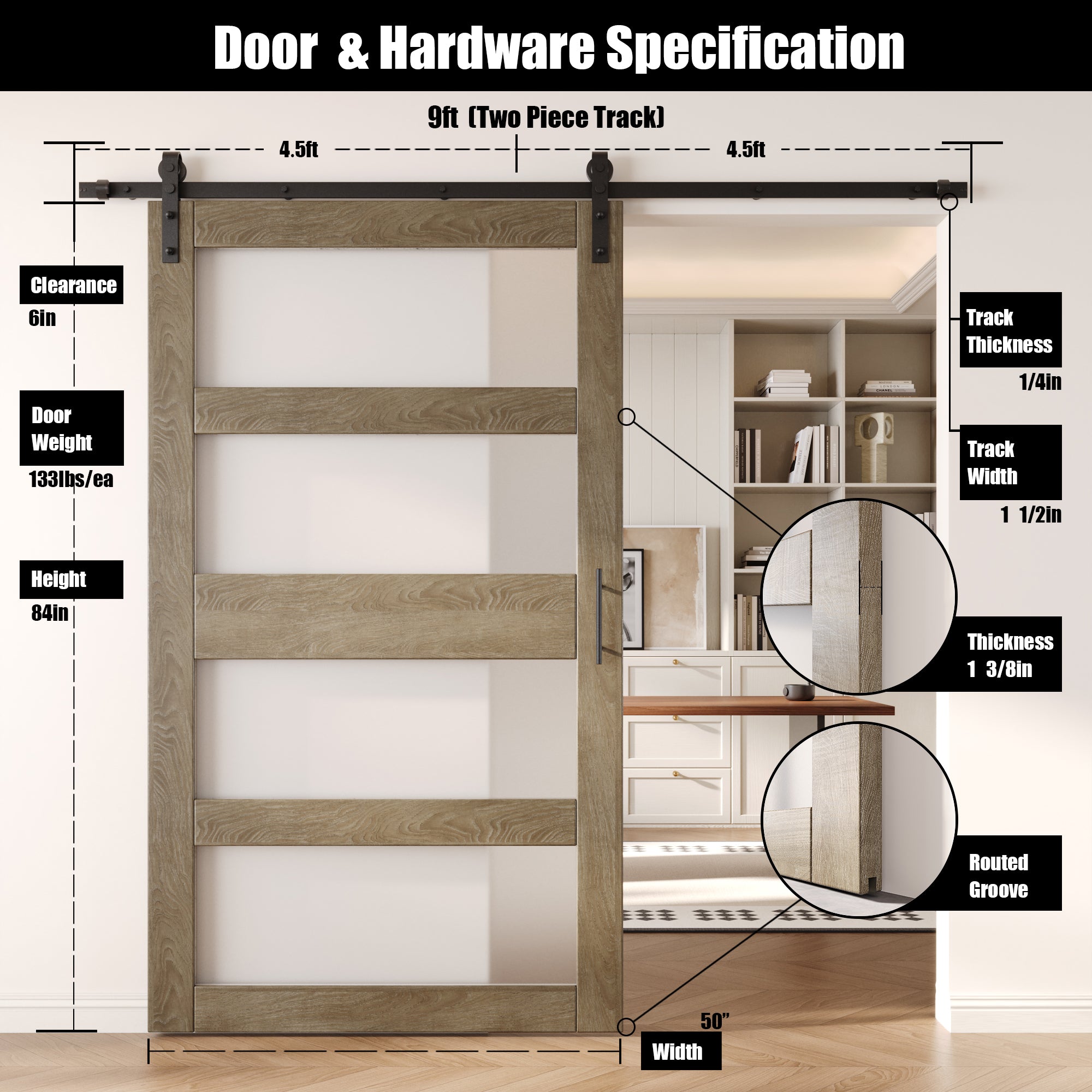 84" Height Classic Gray 4-Lite Frosted Glass Unassembled & Finished Pine Wood Barn Door with Non-Bypass Installation Hardware Kit (Interior Use Only)