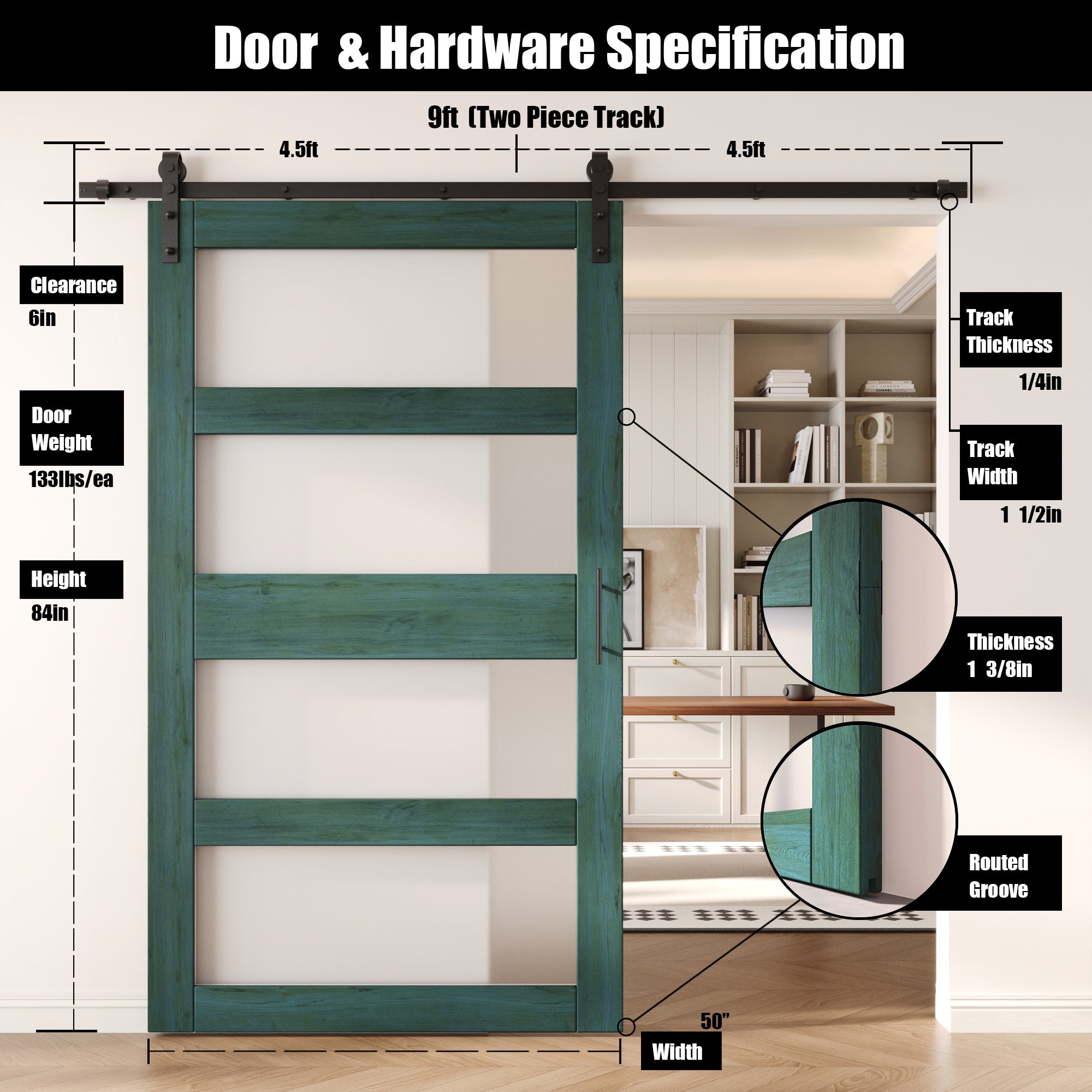84" Height Royal Pine 4-Lite Frosted Glass Unassembled & Finished Pine Wood Barn Door with Non-Bypass Installation Hardware Kit (Interior Use Only)