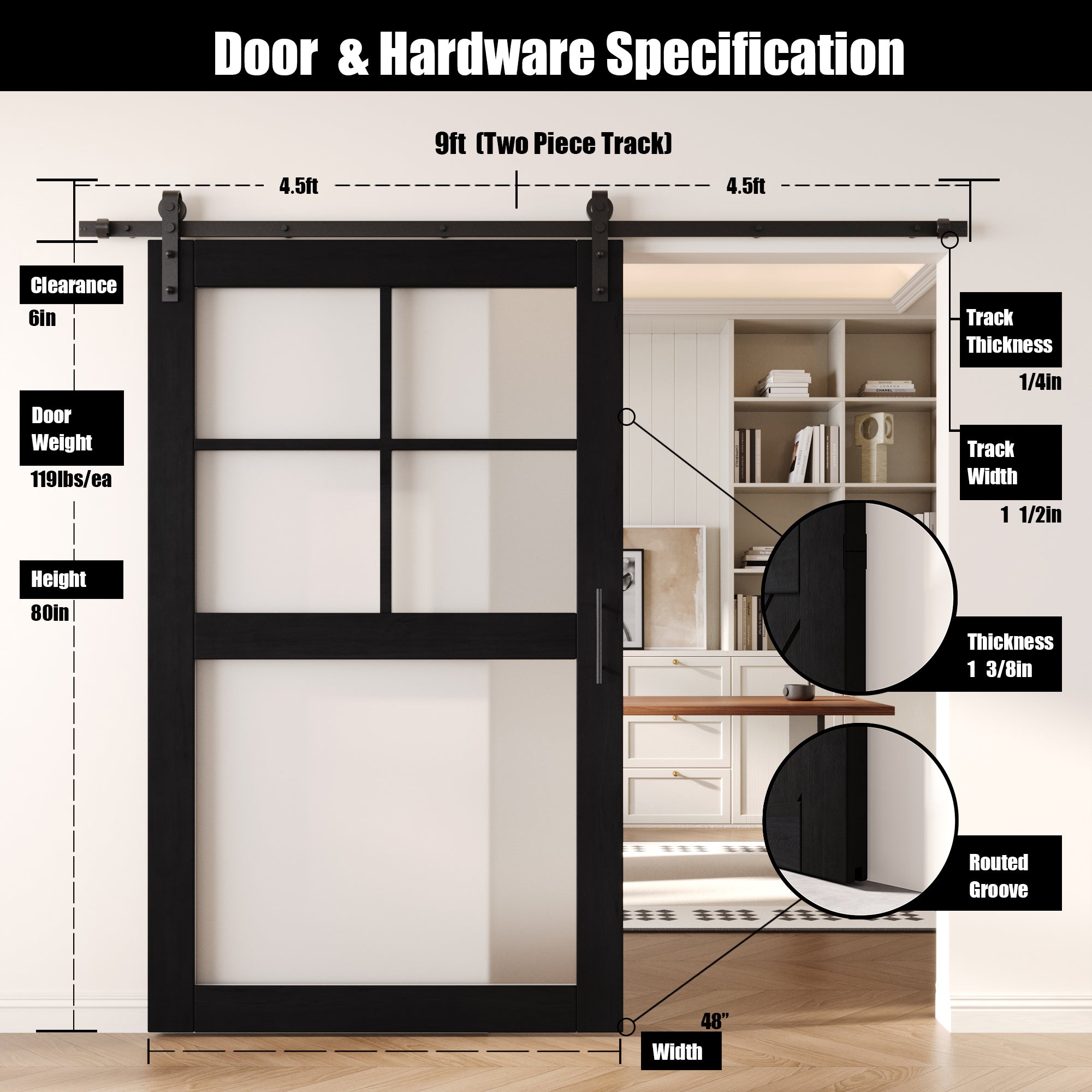 80" Height Black 5-Lite Frosted Glass Unassembled & Finished Pine Wood Barn Door with Non-Bypass Installation Hardware Kit (Interior Use Only)
