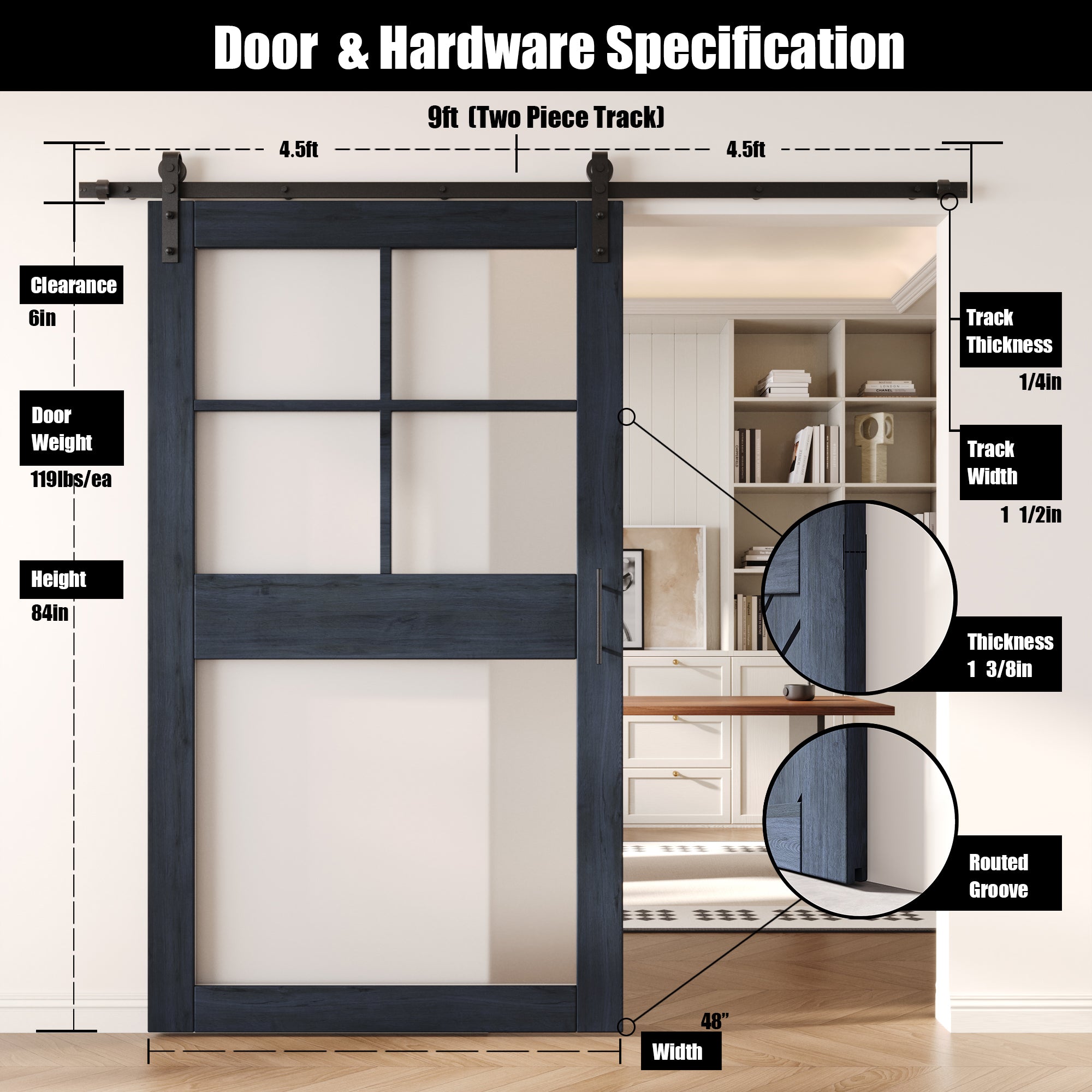 84" Height Navy 5-Lite Frosted Glass Unassembled & Finished Pine Wood Barn Door with Non-Bypass Installation Hardware Kit (Interior Use Only)
