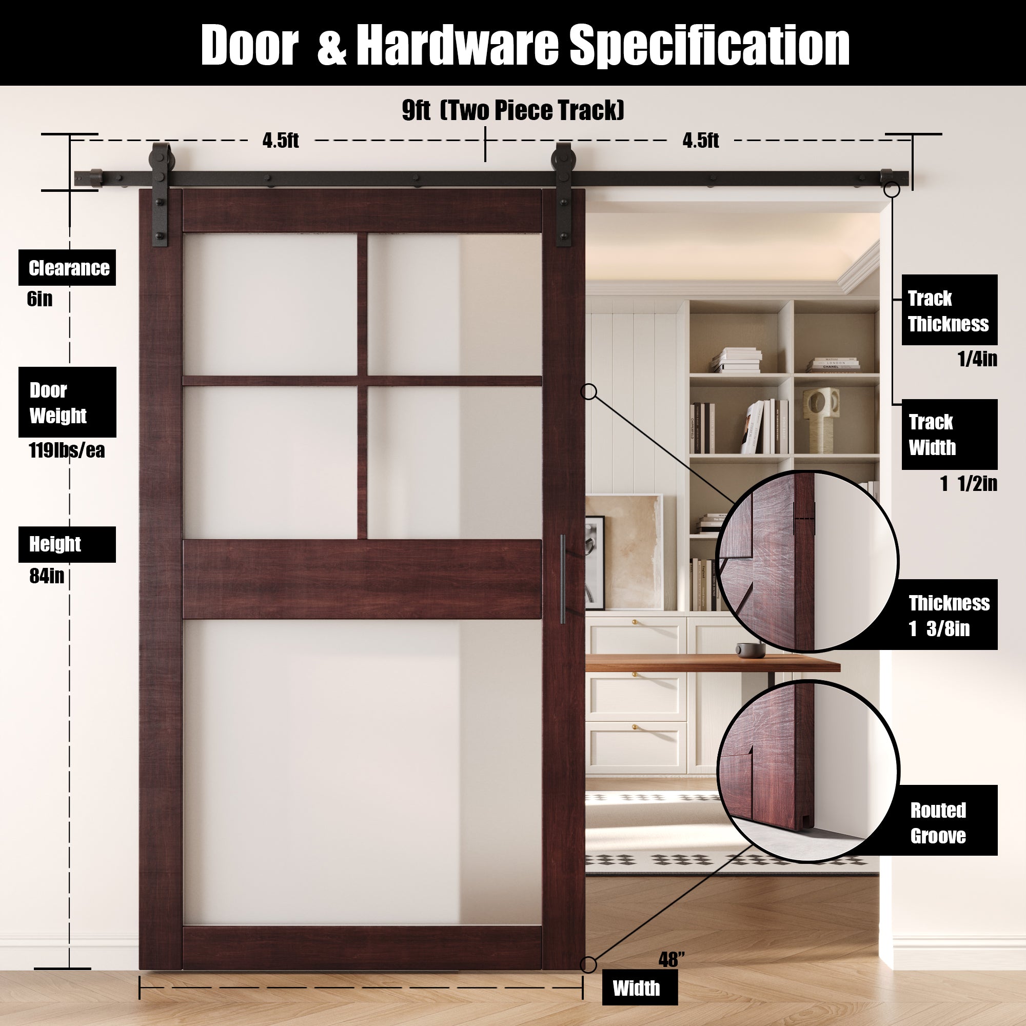84" Height Red Mahogany 5-Lite Frosted Glass Unassembled & Finished Pine Wood Barn Door with Non-Bypass Installation Hardware Kit (Interior Use Only)