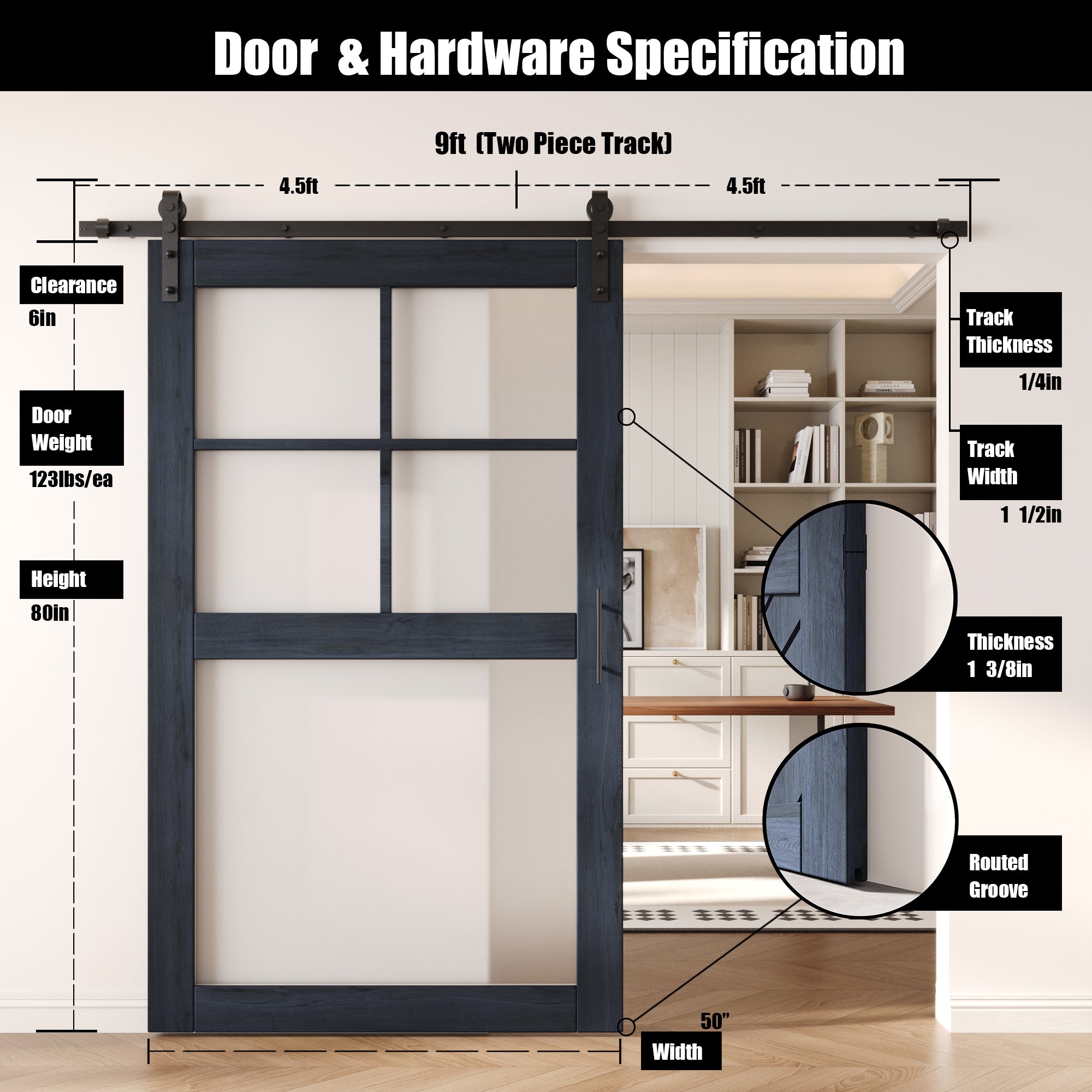 80" Height Navy 5-Lite Frosted Glass Unassembled & Finished Pine Wood Barn Door with Non-Bypass Installation Hardware Kit (Interior Use Only)