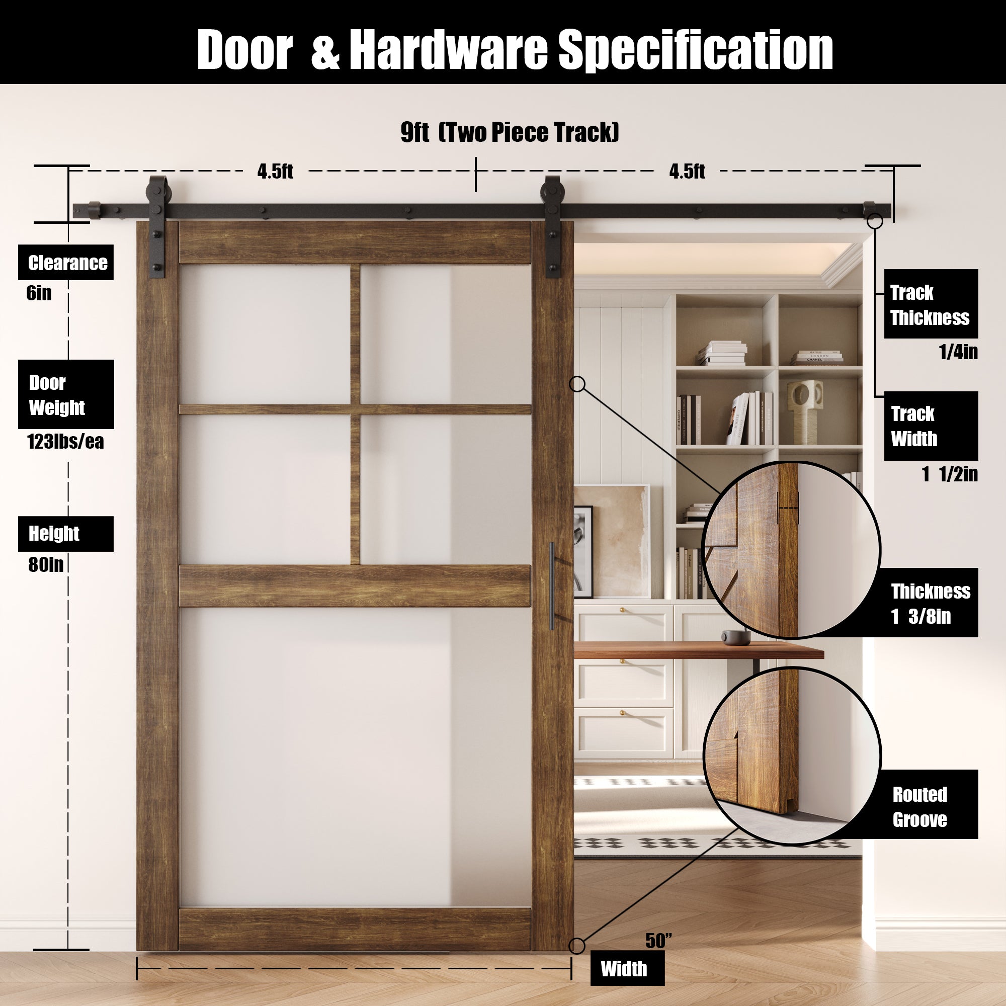 80" Height Dark Walnut 5-Lite Frosted Glass Unassembled & Finished Pine Wood Barn Door with Non-Bypass Installation Hardware Kit (Interior Use Only)