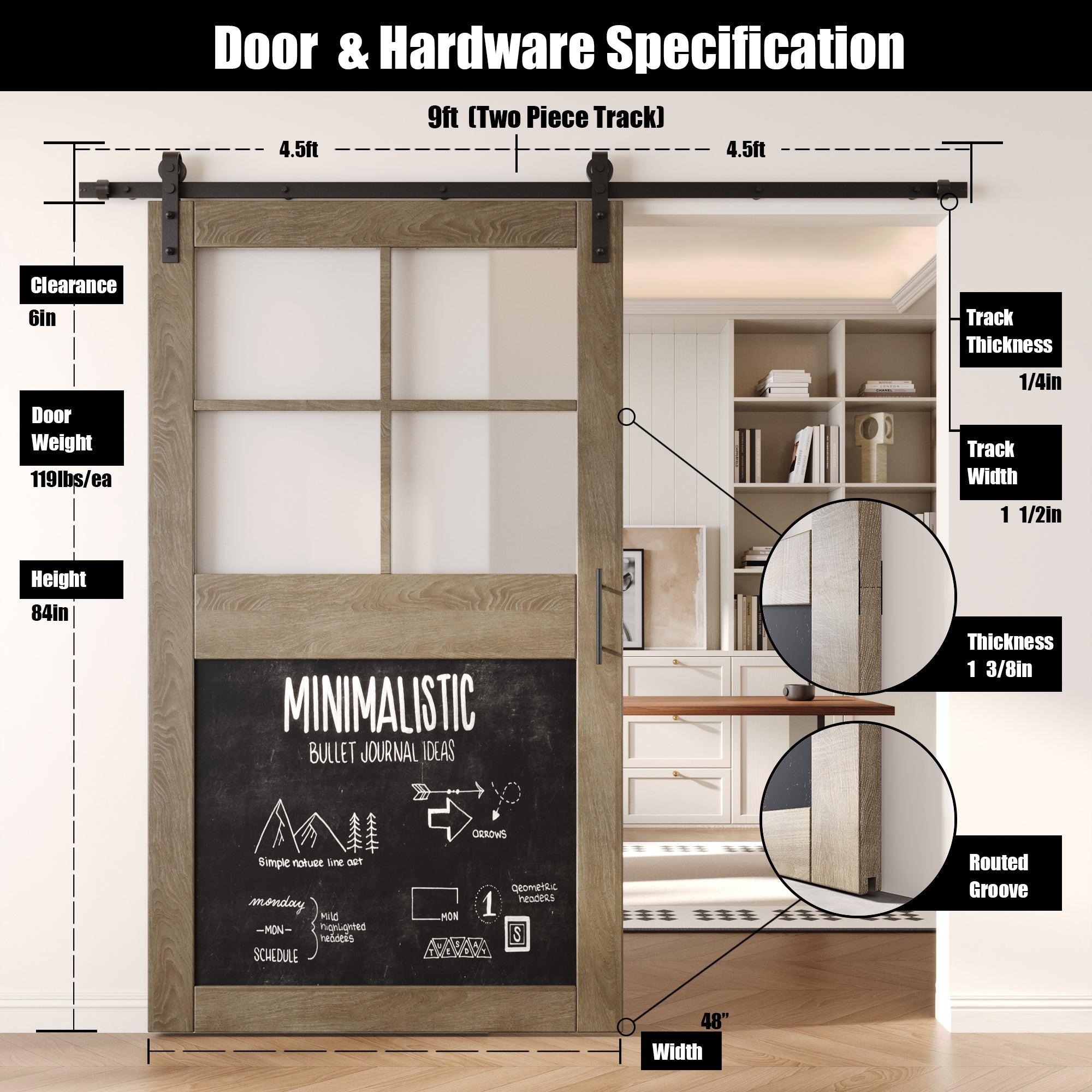 84" Height Classic Gray Half Lite Chalkboard Unassembled & Finished Pine Wood Barn Door with Non-Bypass Installation Hardware Kit (Interior Use Only)