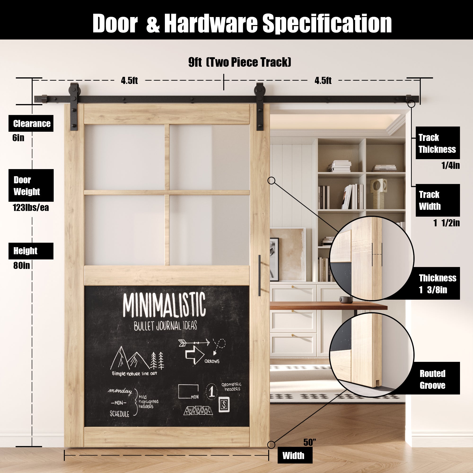 80" Height Half Lite Chalkboard Unassembled & Unfinished Pine Wood Barn Door with Non-Bypass Installation Hardware Kit (Interior Use Only)