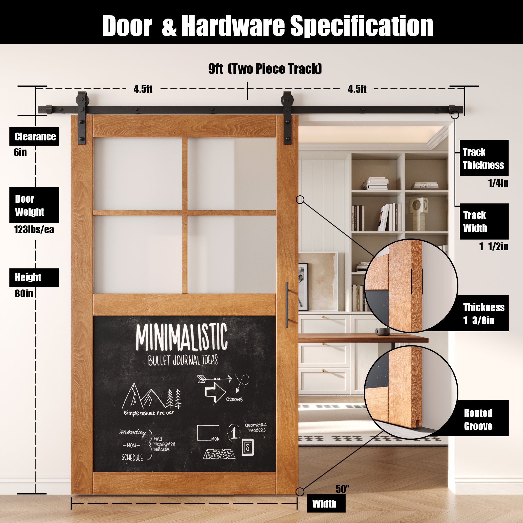 80" Height Early American Half Lite Chalkboard Unassembled & Finished Pine Wood Barn Door with Non-Bypass Installation Hardware Kit (Interior Use Only)