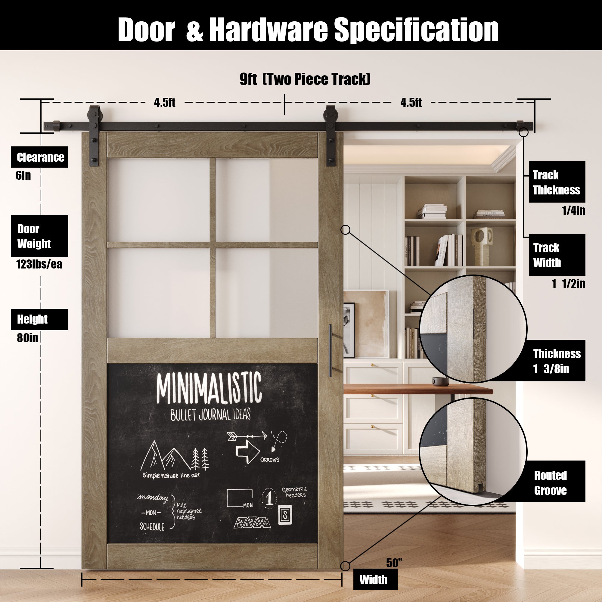 80" Height Classic Gray Half Lite Chalkboard Unassembled & Finished Pine Wood Barn Door with Non-Bypass Installation Hardware Kit (Interior Use Only)
