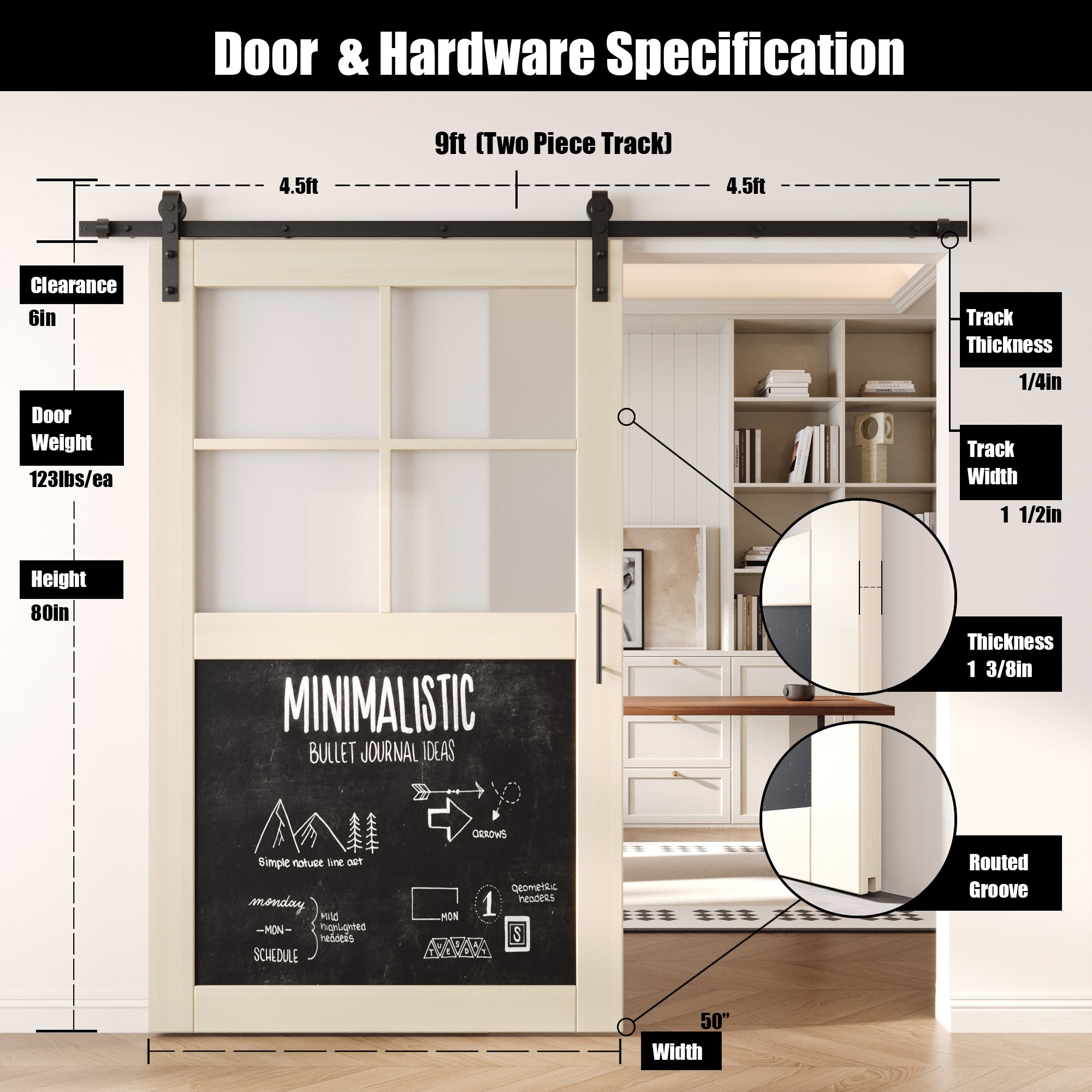 80" Height Tinsmith Gray Half Lite Chalkboard Unassembled & Finished Pine Wood Barn Door with Non-Bypass Installation Hardware Kit (Interior Use Only)