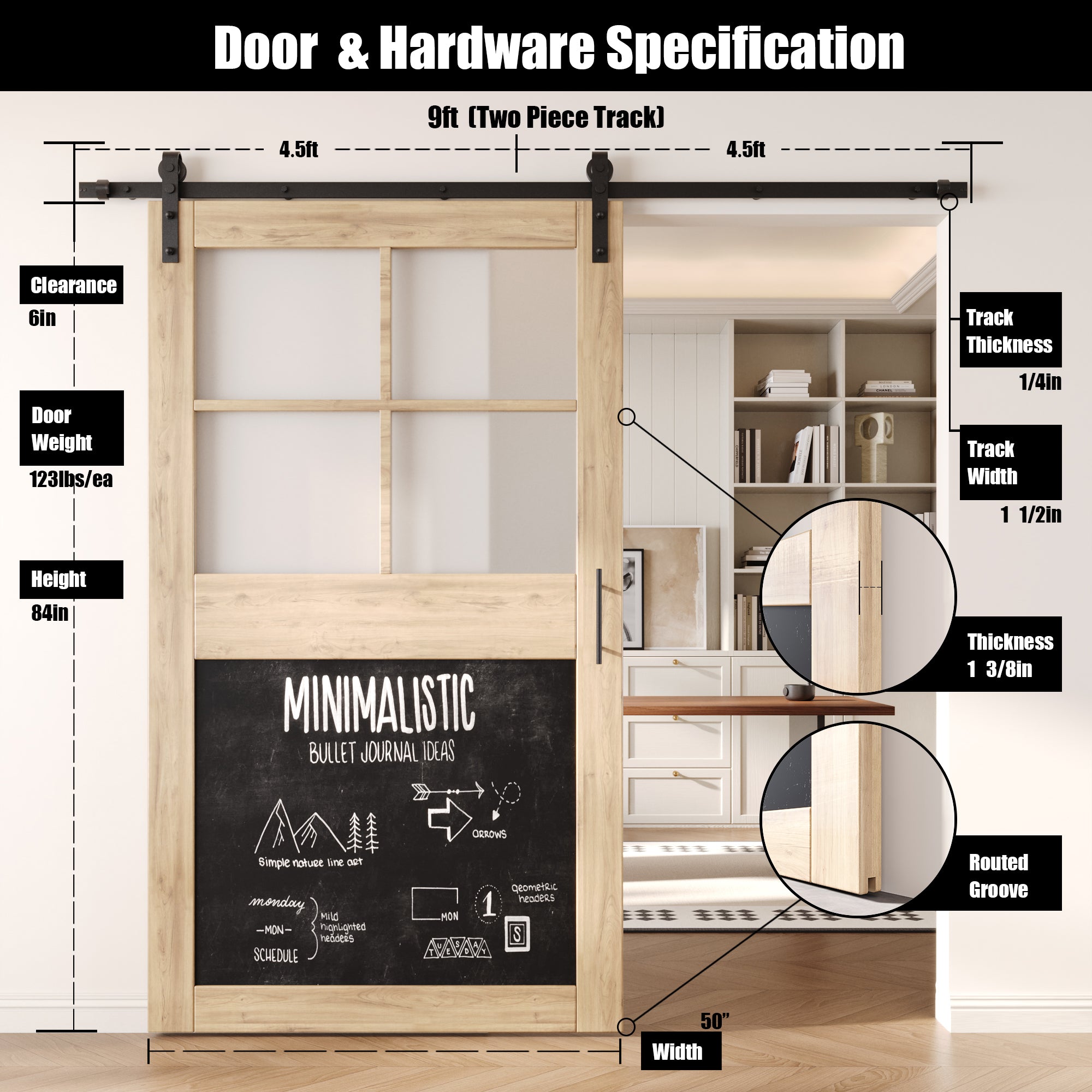 84" Height Half Lite Chalkboard Unassembled & Unfinished Pine Wood Barn Door with Non-Bypass Installation Hardware Kit (Interior Use Only)