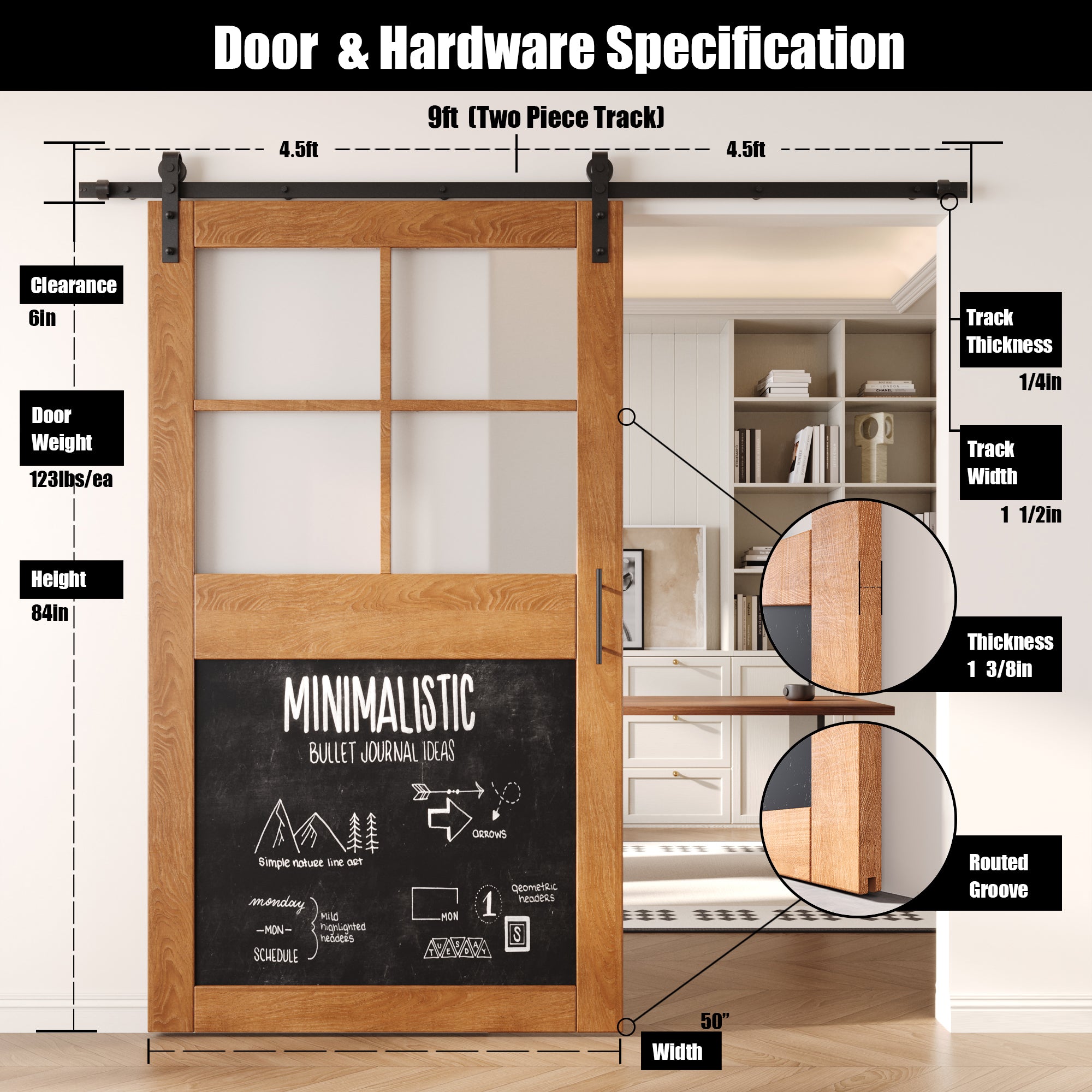 84" Height Early American Half Lite Chalkboard Unassembled & Finished Pine Wood Barn Door with Non-Bypass Installation Hardware Kit (Interior Use Only)