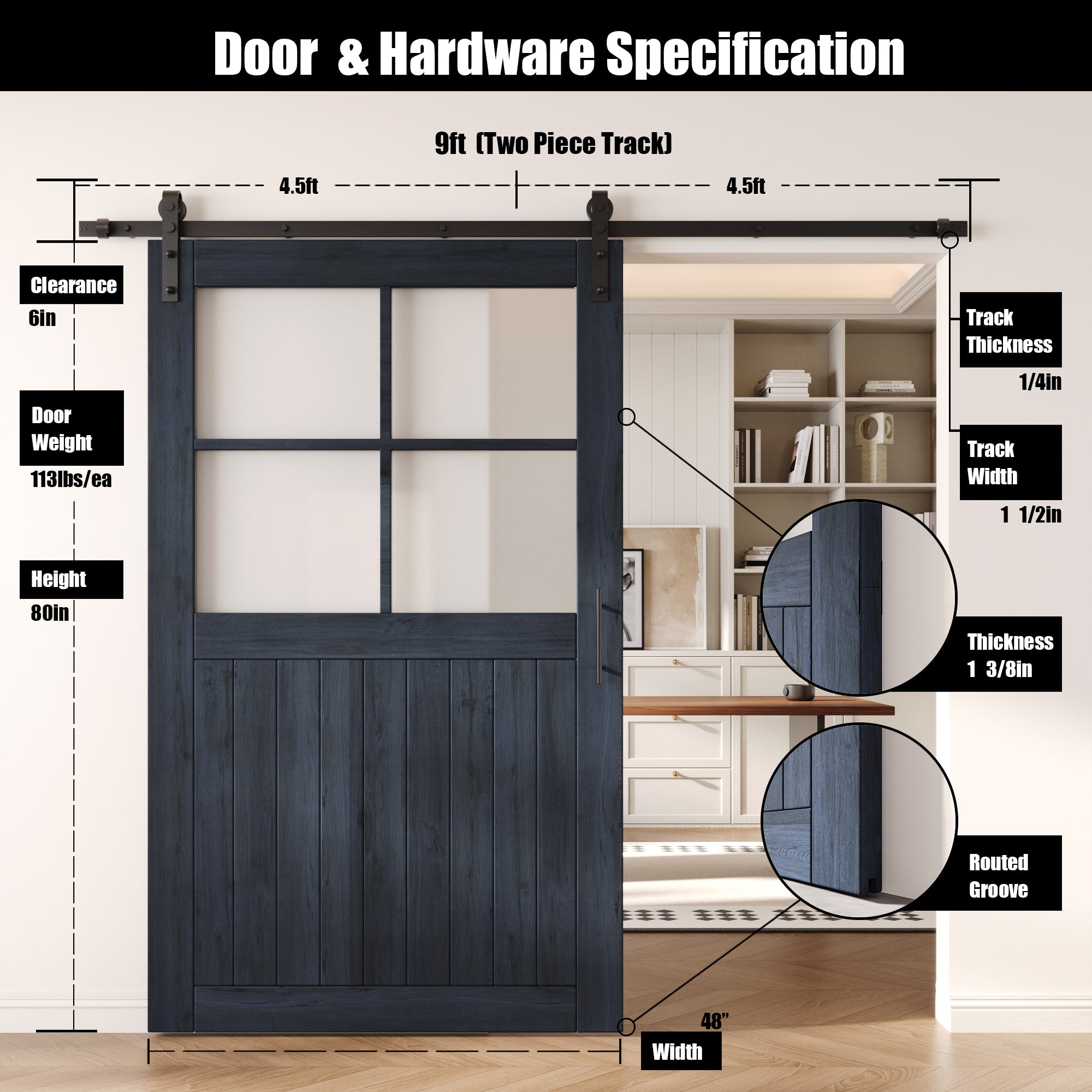80" Height Navy Half Lite Grid Glass Unassembled & Finished Pine Wood Barn Door with Non-Bypass Installation Hardware Kit (Interior Use Only)