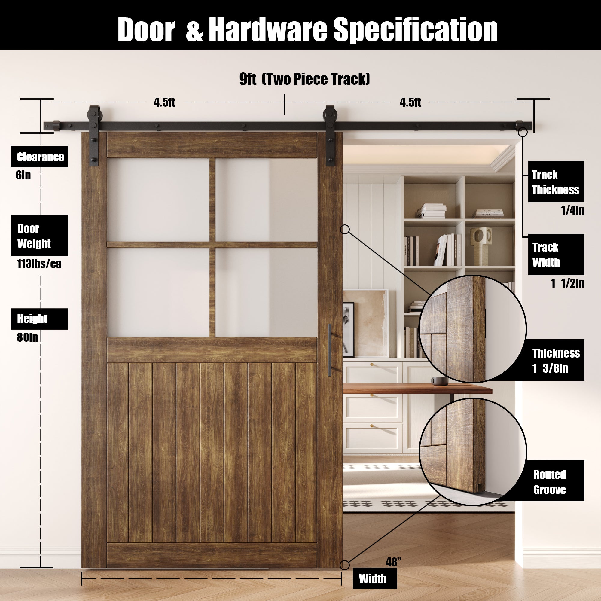 80" Height Dark Walnut Half Lite Grid Glass Unassembled & Finished Pine Wood Barn Door with Non-Bypass Installation Hardware Kit (Interior Use Only)