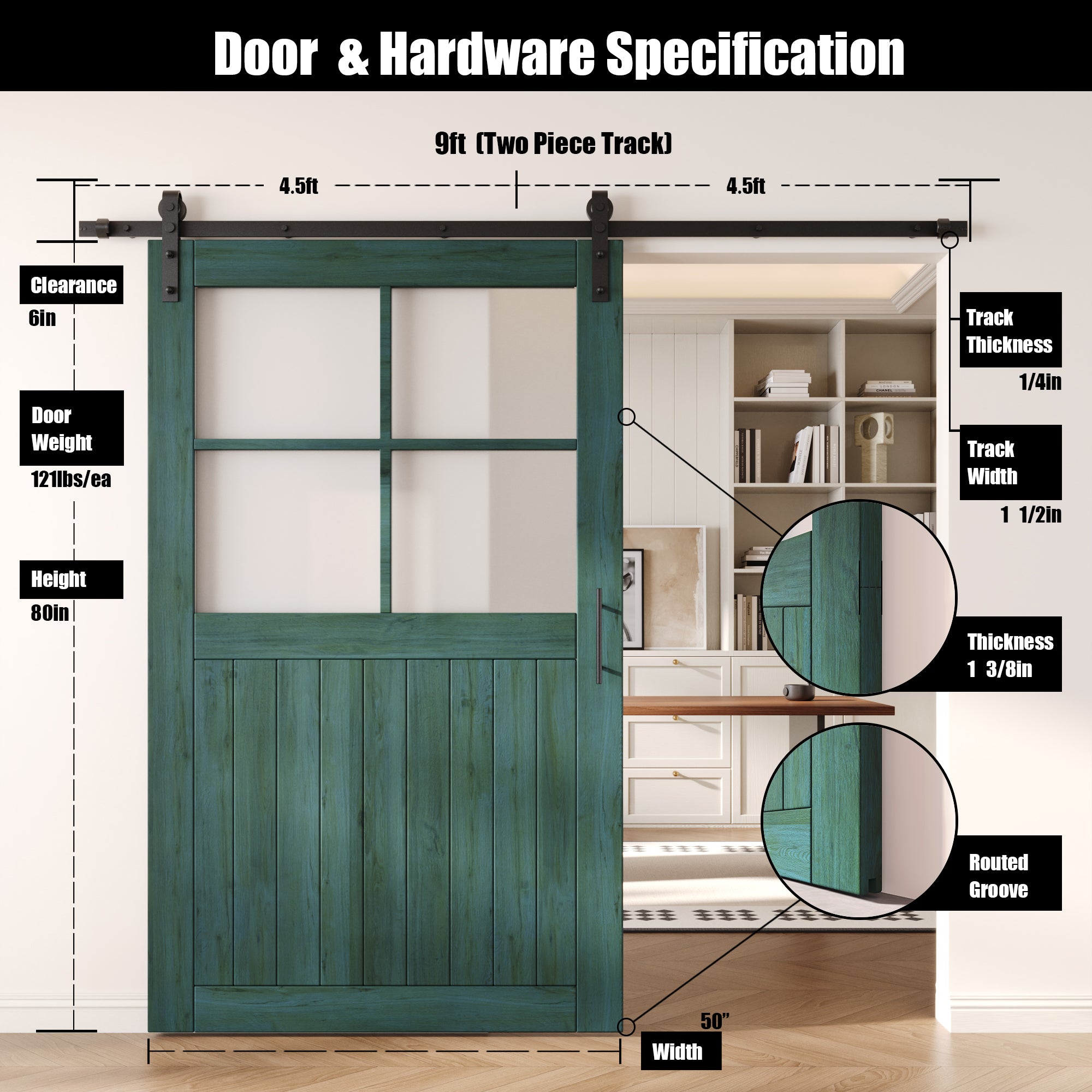 80" Height Royal Pine Half Lite Grid Glass Unassembled & Finished Pine Wood Barn Door with Non-Bypass Installation Hardware Kit (Interior Use Only)