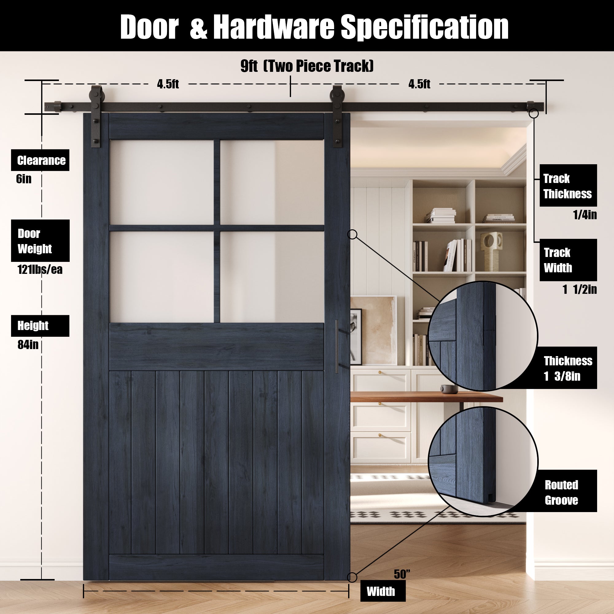 84" Height Navy Half Lite Grid Glass Unassembled & Finished Pine Wood Barn Door with Non-Bypass Installation Hardware Kit (Interior Use Only)