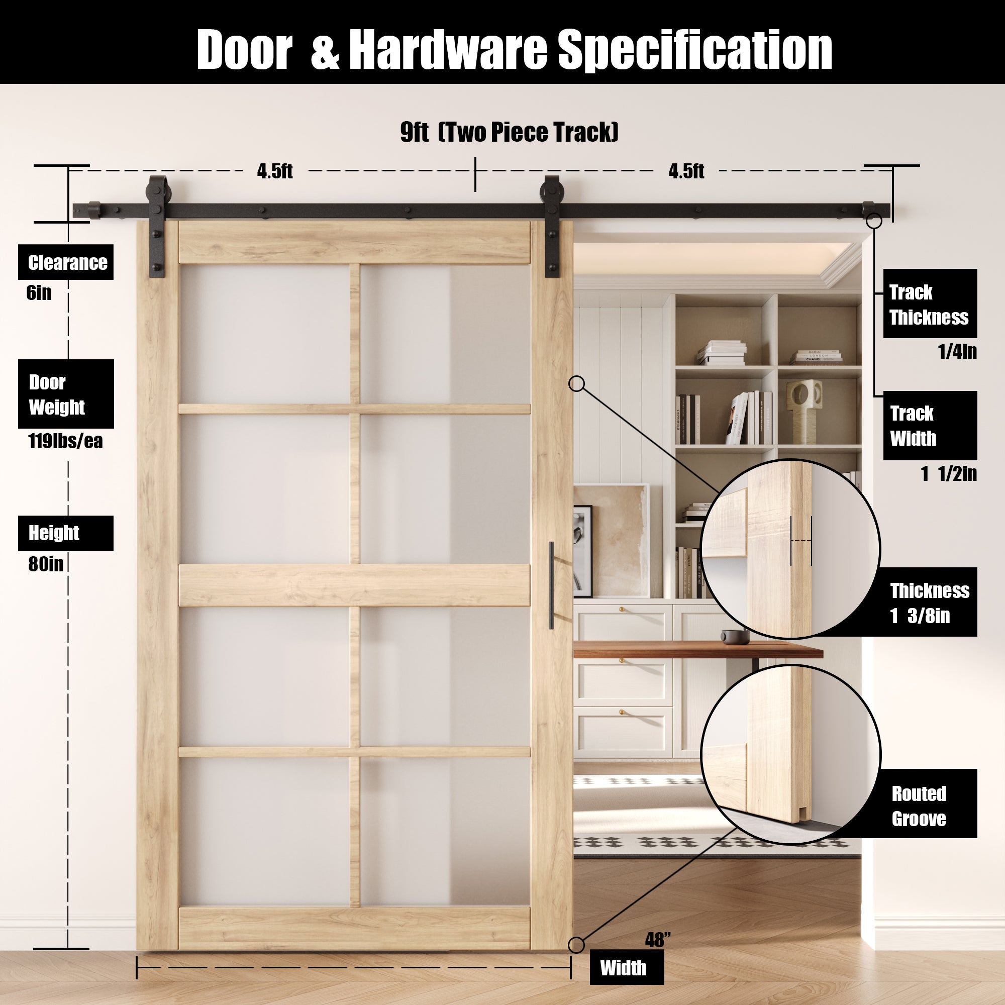 80" Height 8-Lite Frosted Glass Unassembled & Unfinished Pine Wood Barn Door with Non-Bypass Installation Hardware Kit (Interior Use Only)