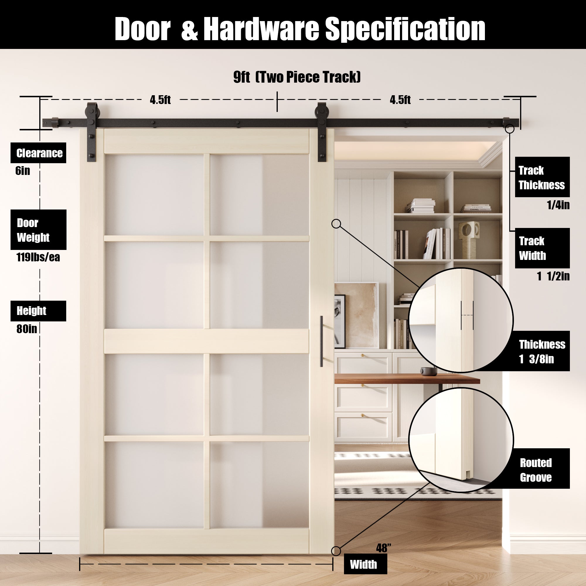 80" Height Tinsmith Gray 8-Lite Frosted Glass Unassembled & Finished Pine Wood Barn Door with Non-Bypass Installation Hardware Kit (Interior Use Only)