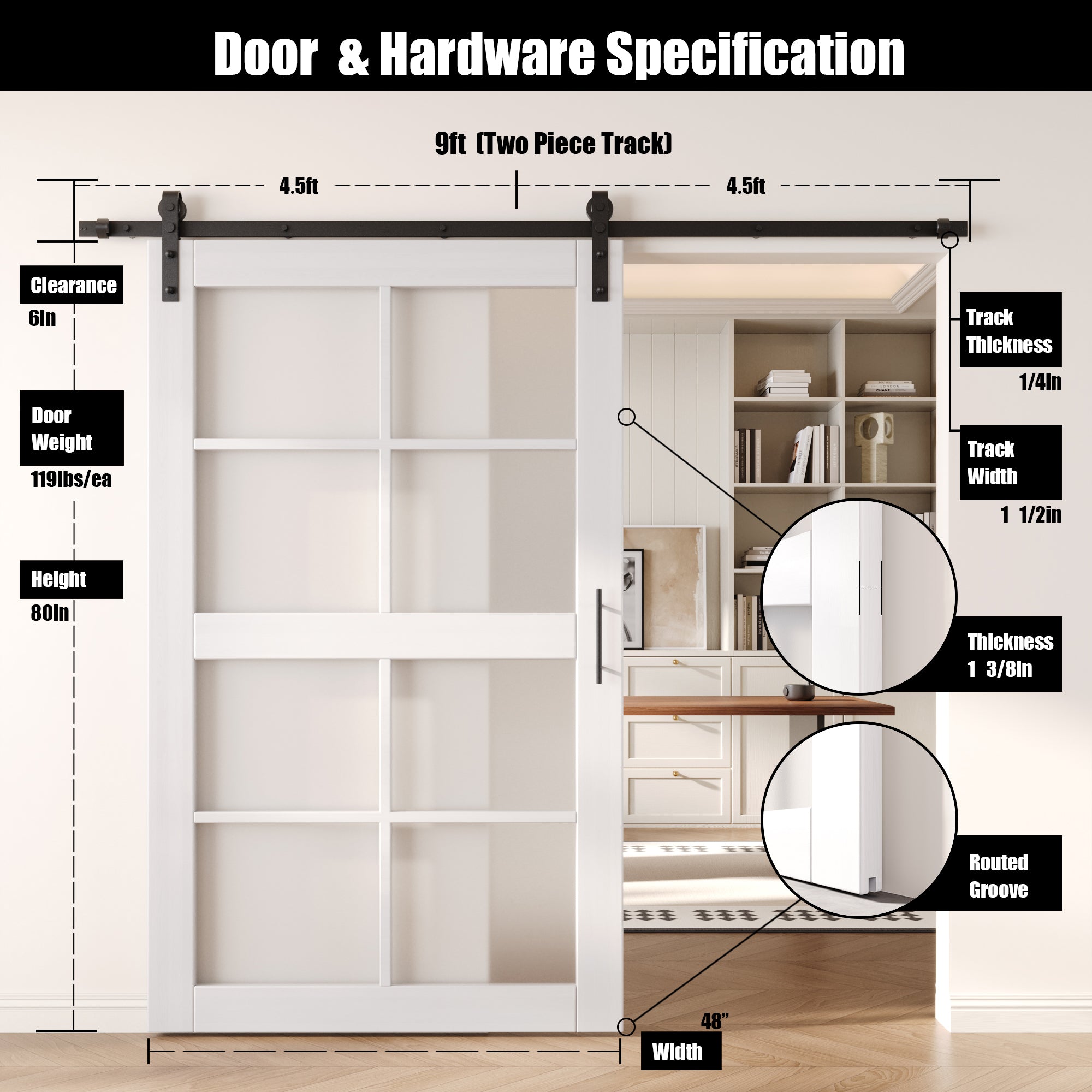 80" Height White 8-Lite Frosted Glass Unassembled & Finished Pine Wood Barn Door with Non-Bypass Installation Hardware Kit (Interior Use Only)