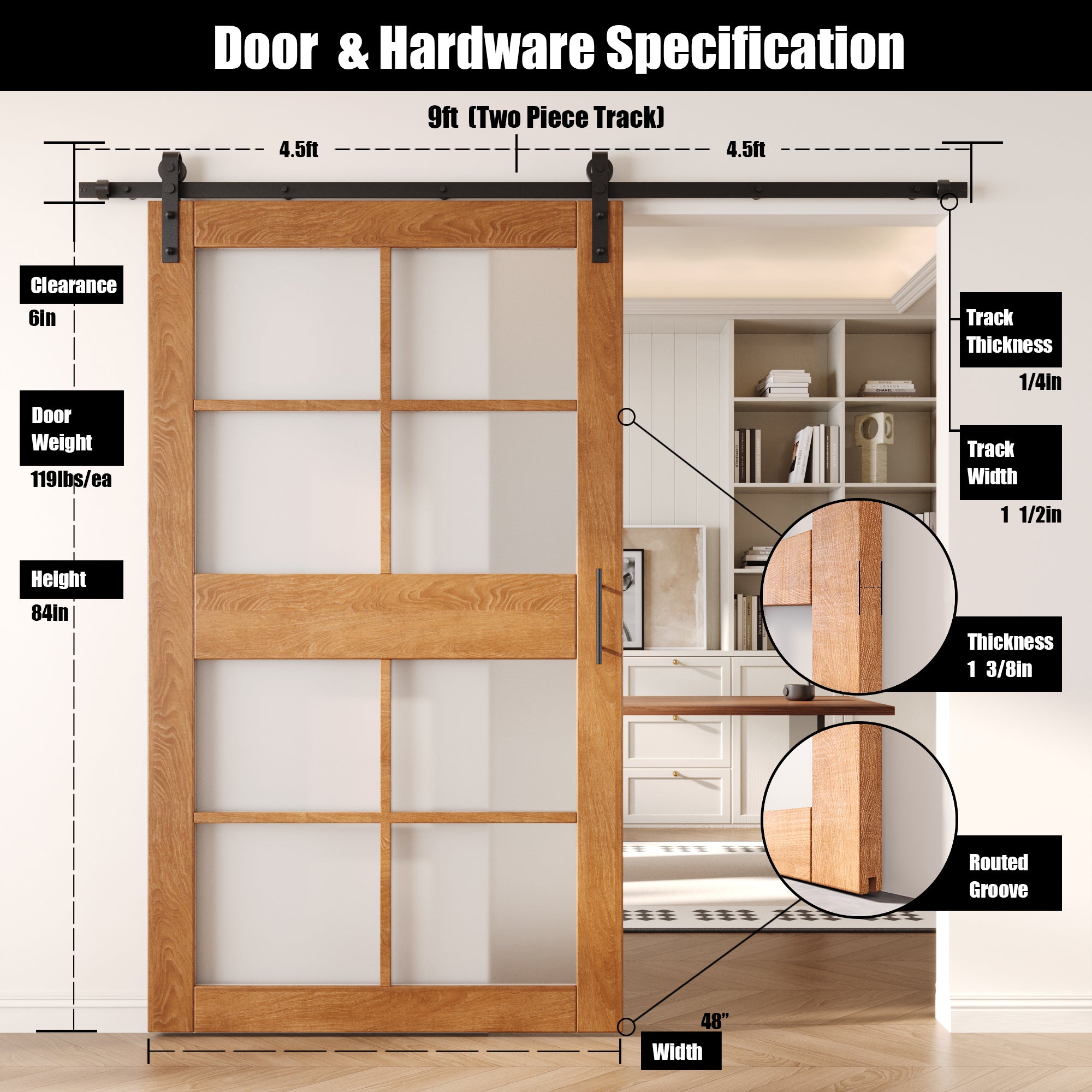 84" Height Early American 8-Lite Frosted Glass Unassembled & Finished Pine Wood Barn Door with Non-Bypass Installation Hardware Kit (Interior Use Only)