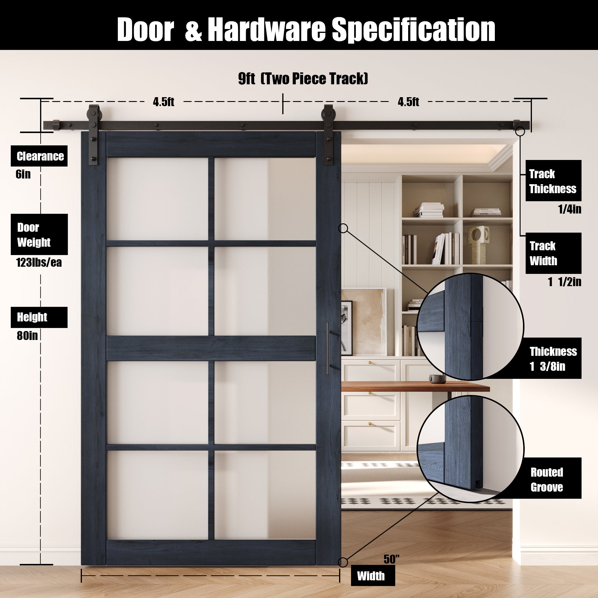 80" Height Navy 8-Lite Frosted Glass Unassembled & Finished Pine Wood Barn Door with Non-Bypass Installation Hardware Kit (Interior Use Only)