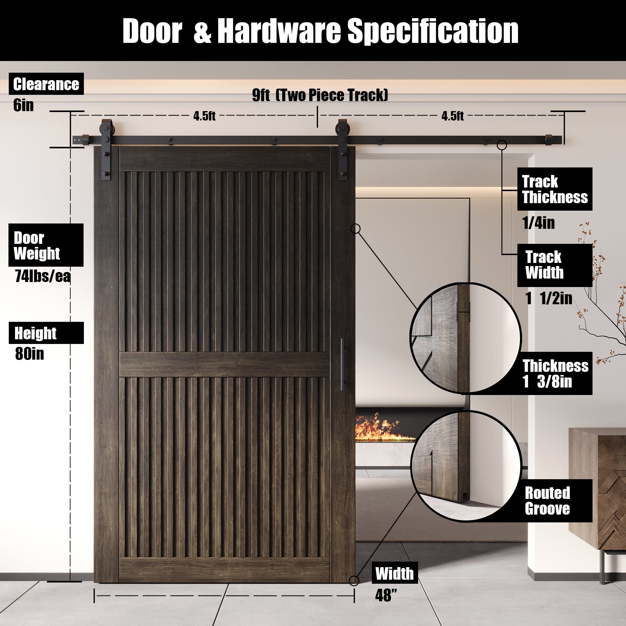 80" Height Ebony Vertical Stripe Design Unassembled & Finished Pine Wood Barn Door with Non-Bypass Installation Hardware Kit(Interior Use Only)