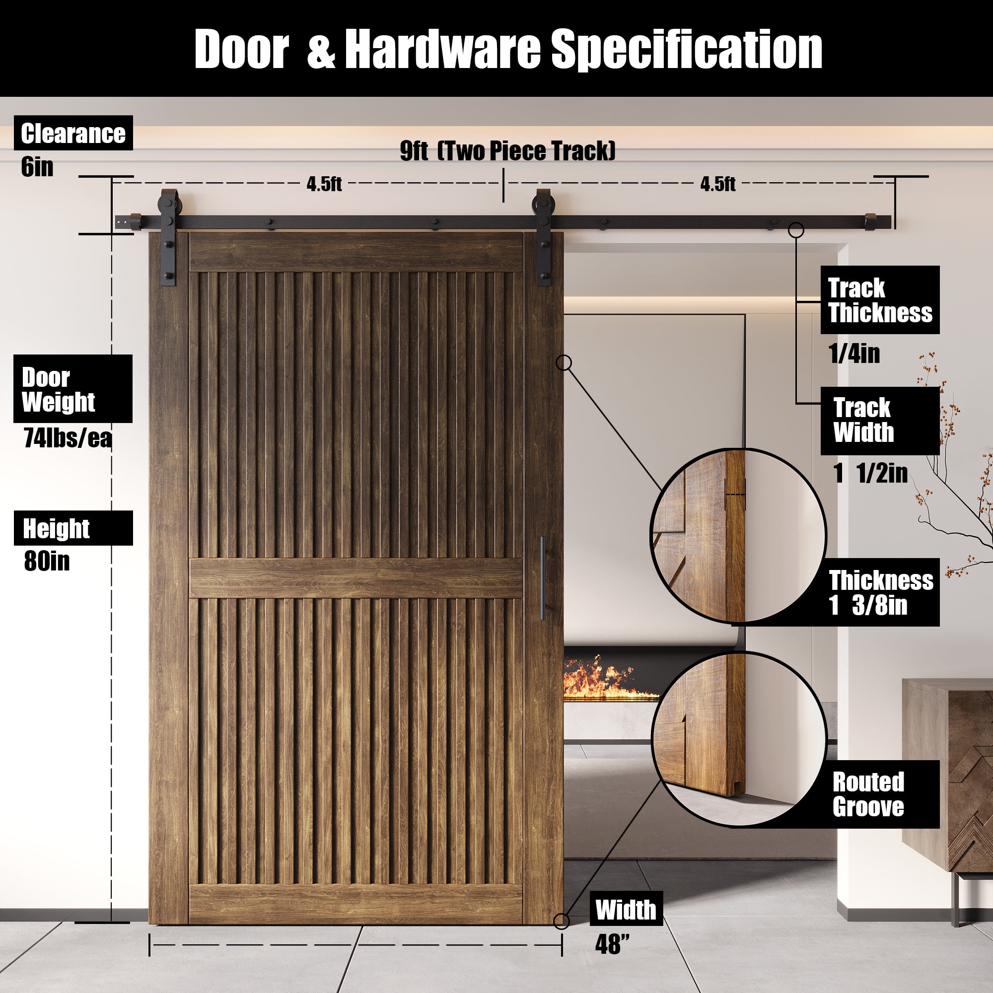 80" Height Dark Walnut Vertical Stripe Design Unassembled & Finished Pine Wood Barn Door with Non-Bypass Installation Hardware Kit(Interior Use Only)