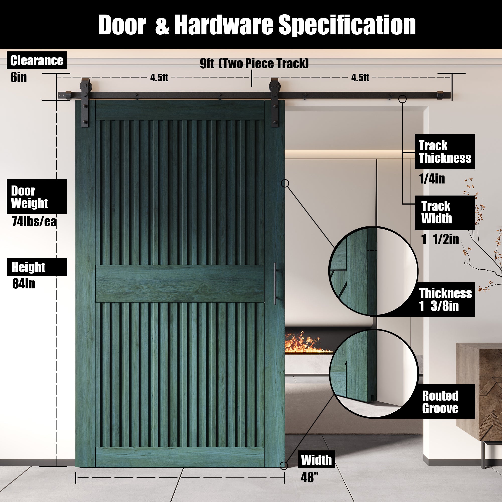 84" Height Royal Pine Vertical Stripe Design Unassembled & Finished Pine Wood Barn Door with Non-Bypass Installation Hardware Kit(Interior Use Only)