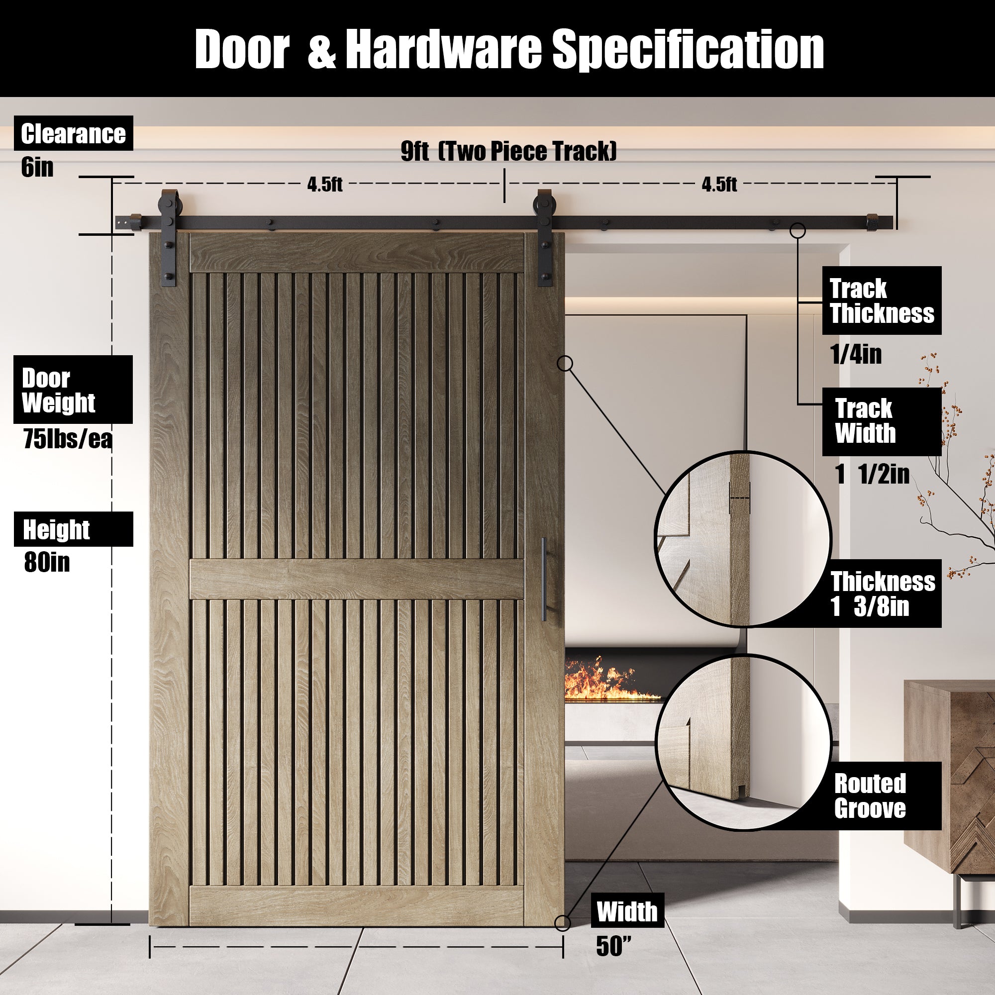 80" Height Classic Gray Vertical Stripe Design Unassembled & Finished Pine Wood Barn Door with Non-Bypass Installation Hardware Kit(Interior Use Only)