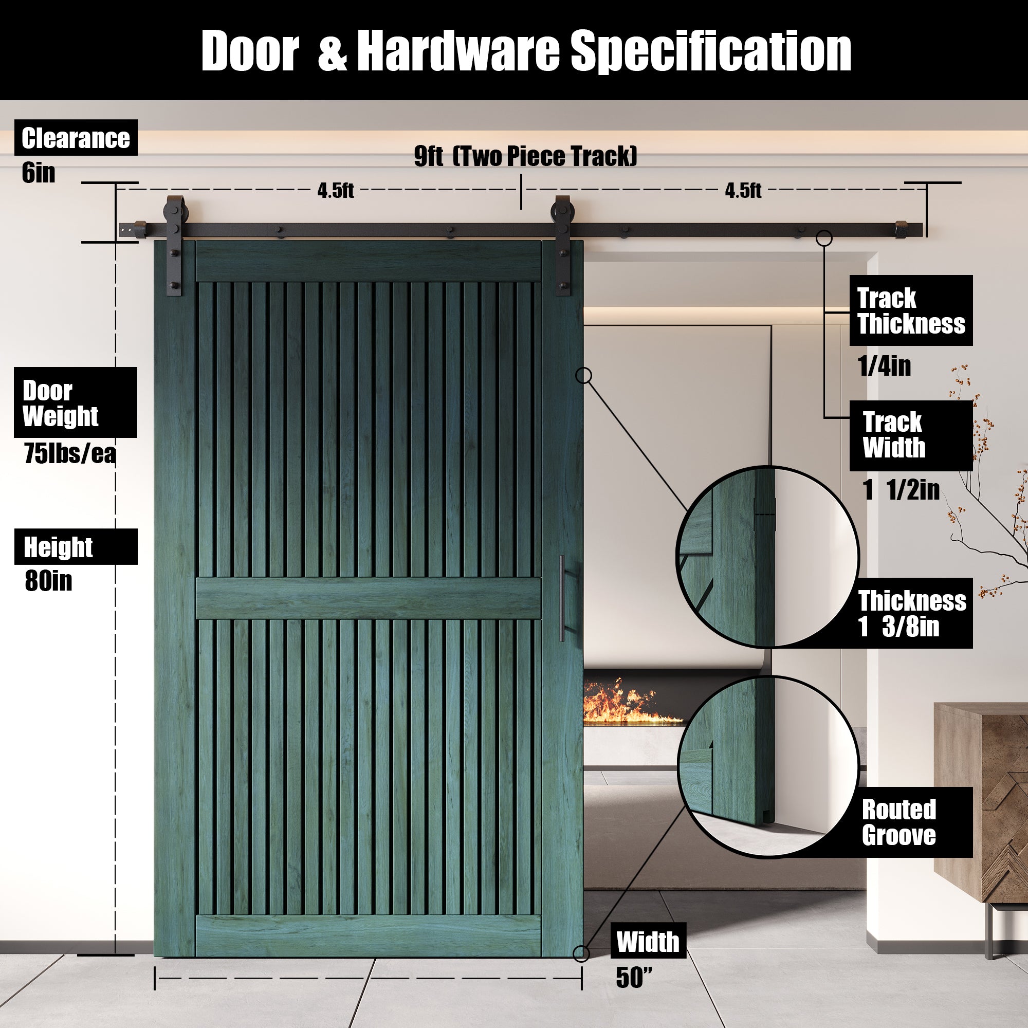 80" Height Royal Pine Vertical Stripe Design Unassembled & Finished Pine Wood Barn Door with Non-Bypass Installation Hardware Kit(Interior Use Only)