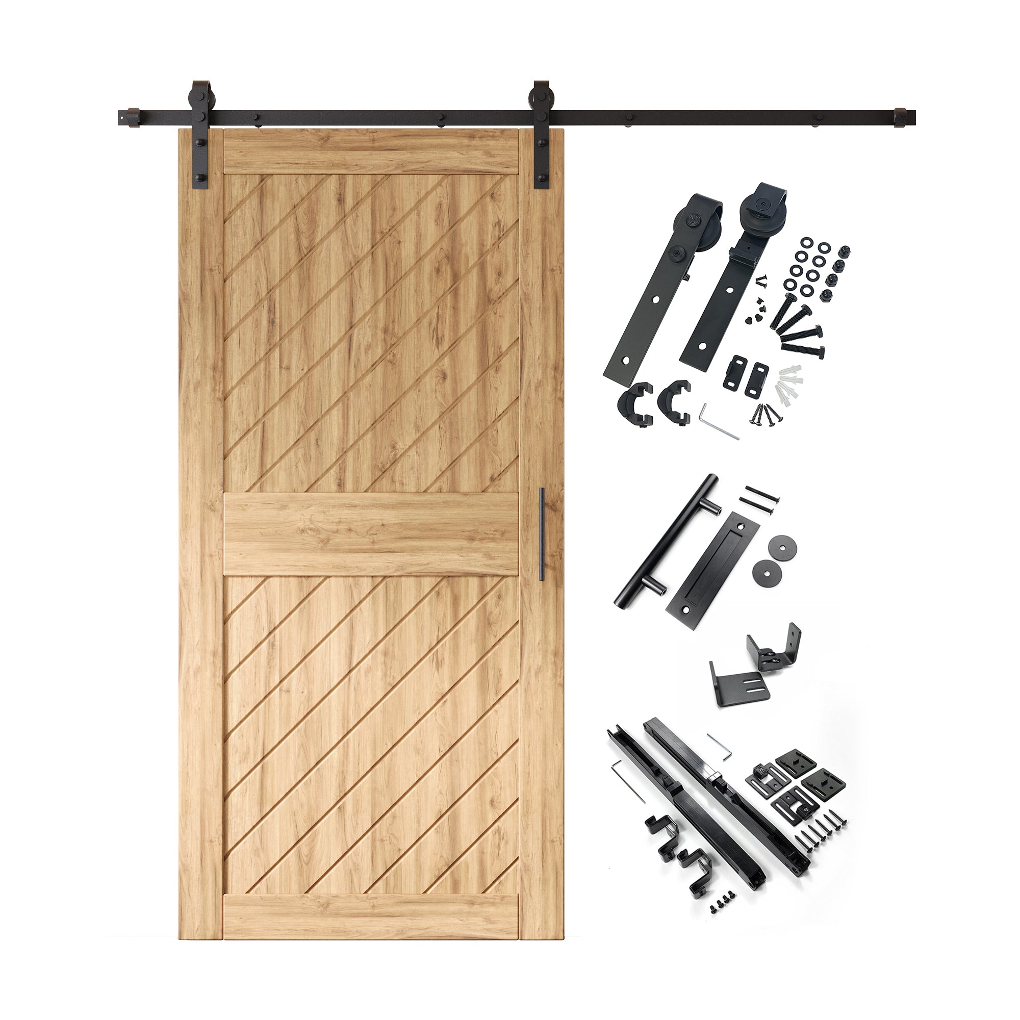 84-inch pine barn door with slanted stripe design
