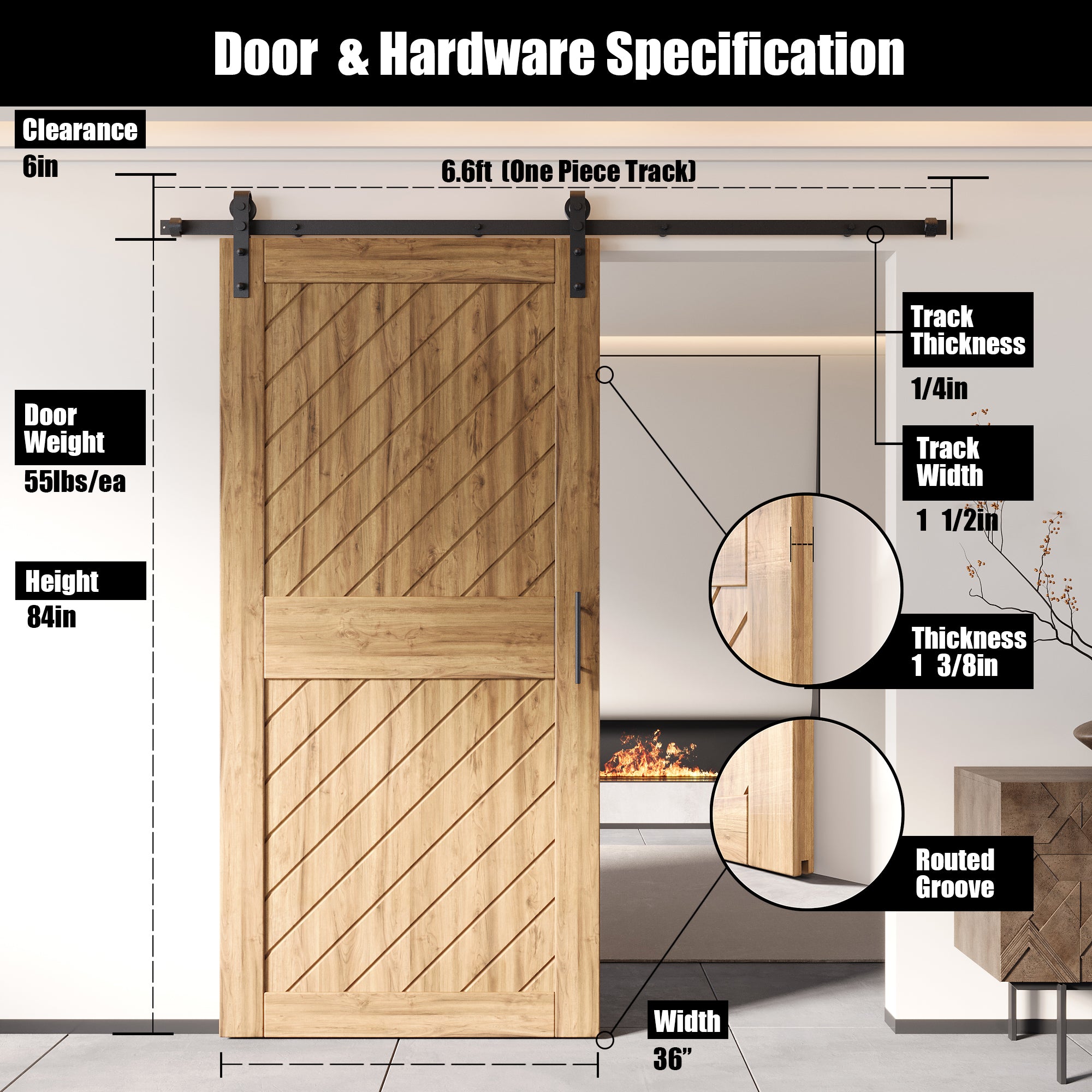 Barn door kit, 84-inch pine wood with hardware