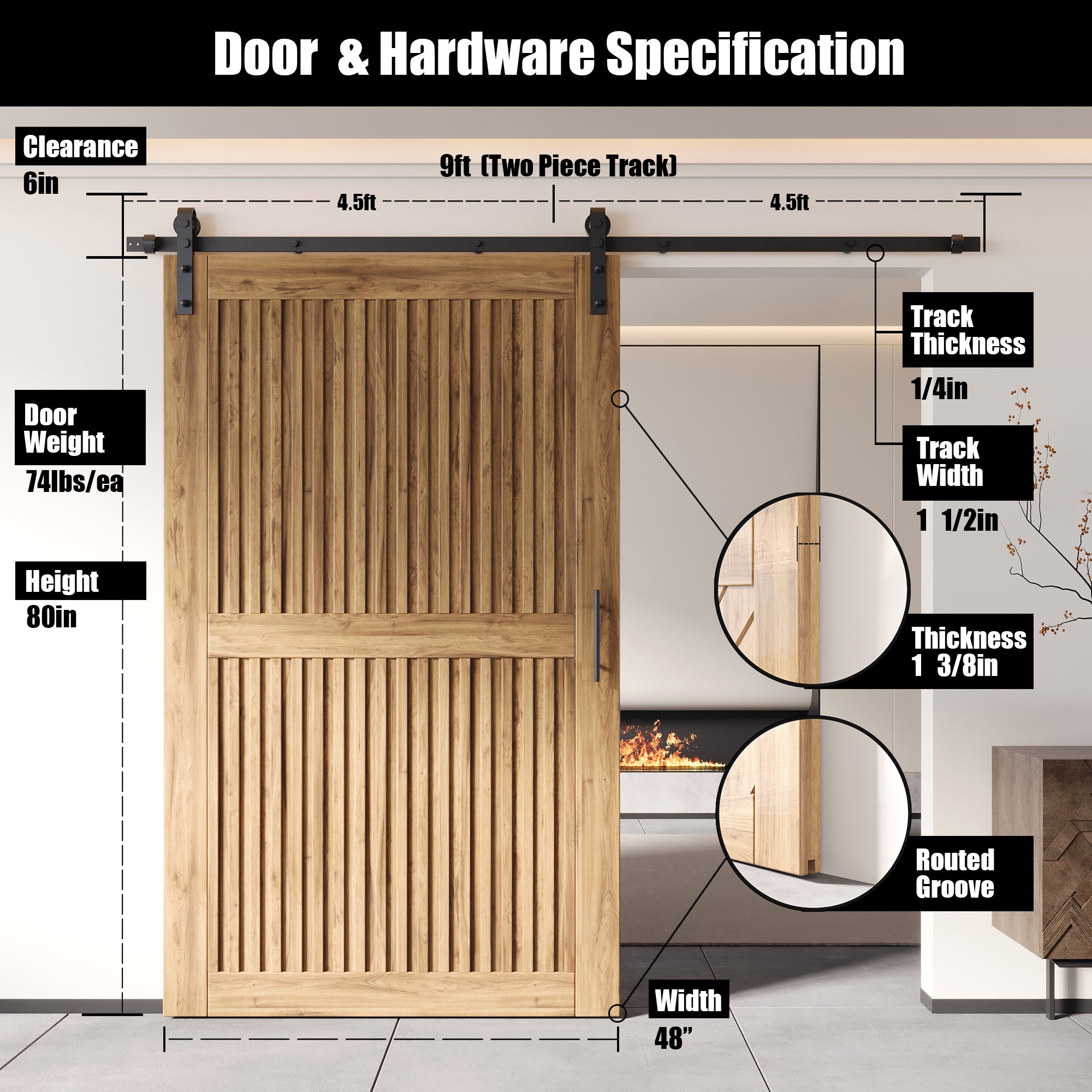 80" Height Vertical Stripe Design Unassembled & Unfinished Pine Wood Barn Door with Non-Bypass Installation Hardware Kit (Interior Use Only)